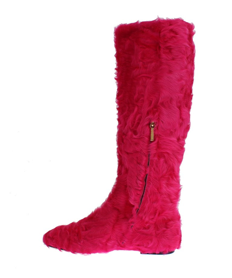 Dolce & Gabbana Pink Lamb Fur Leather Flat Boots LUNESCAPE