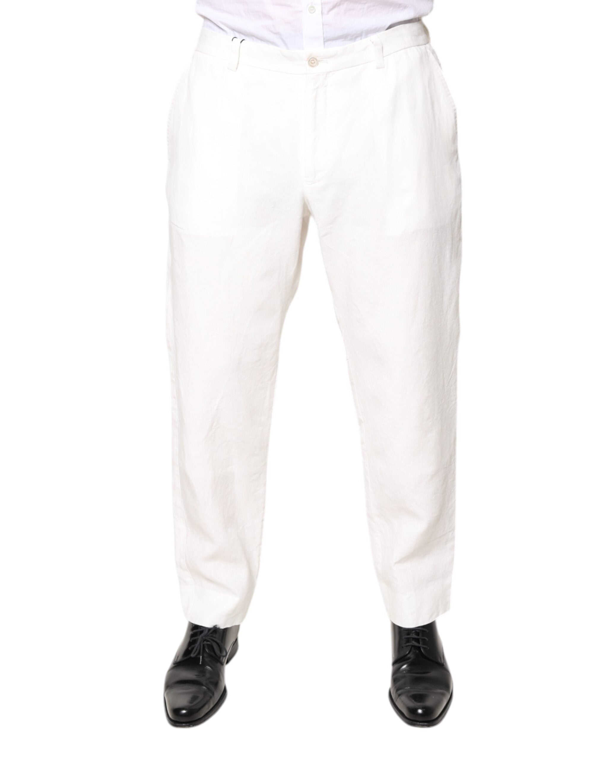 Dolce & Gabbana White Linen Mid Waist Men Dress Pants LUNESCAPE