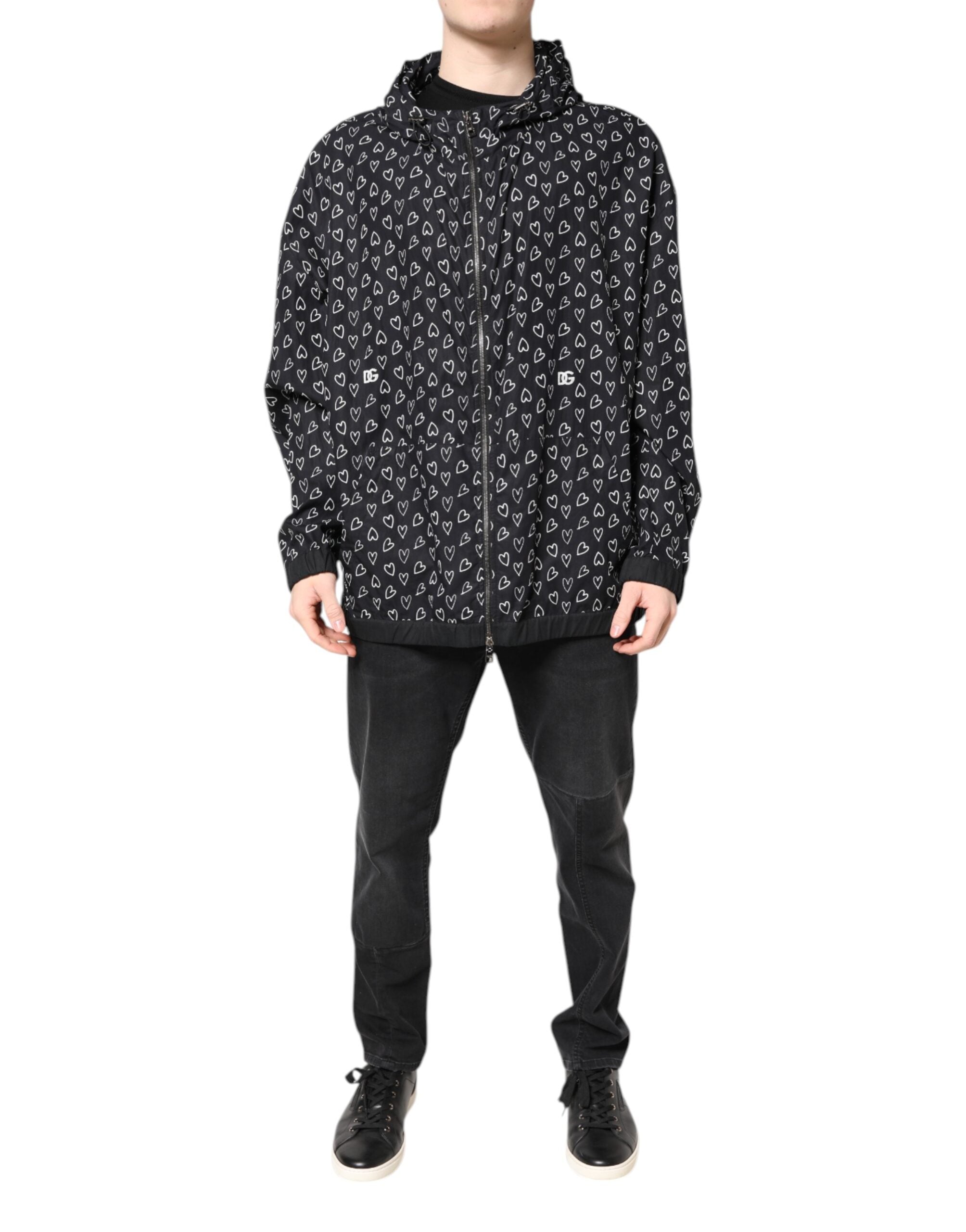 Dolce & Gabbana Black Heart Print Hooded Windbreaker Jacket LUNESCAPE