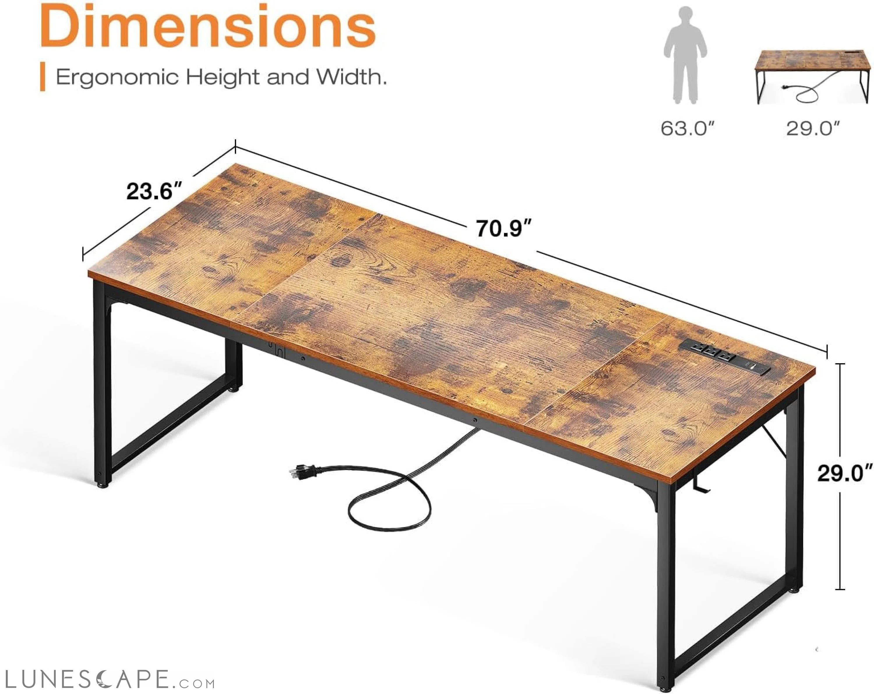71 Inch Computer Desk with USB Ports, Large Office Desk, Long Study LUNESCAPE