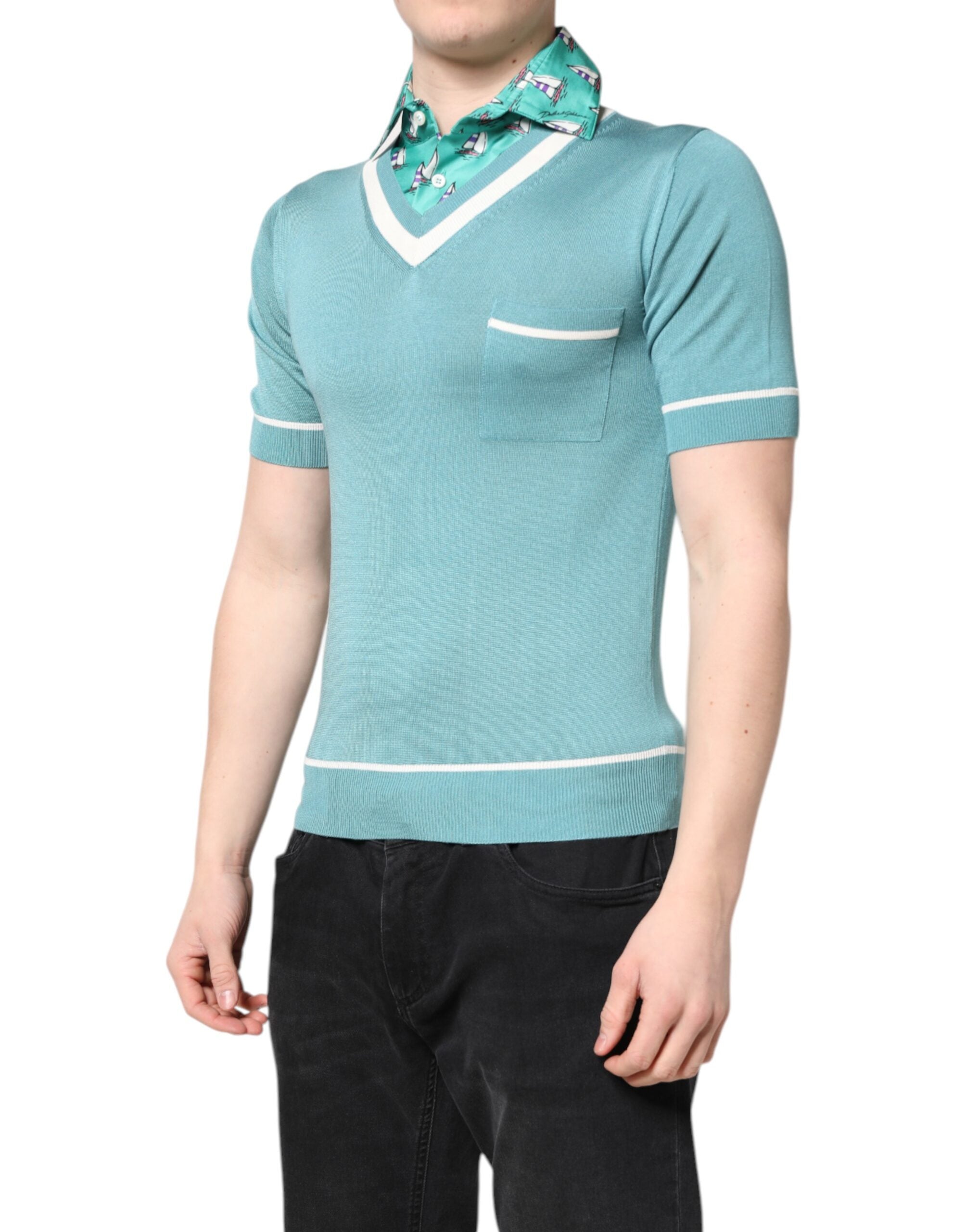 Dolce & Gabbana Green Printed Collared Short Sleeve T-shirt LUNESCAPE