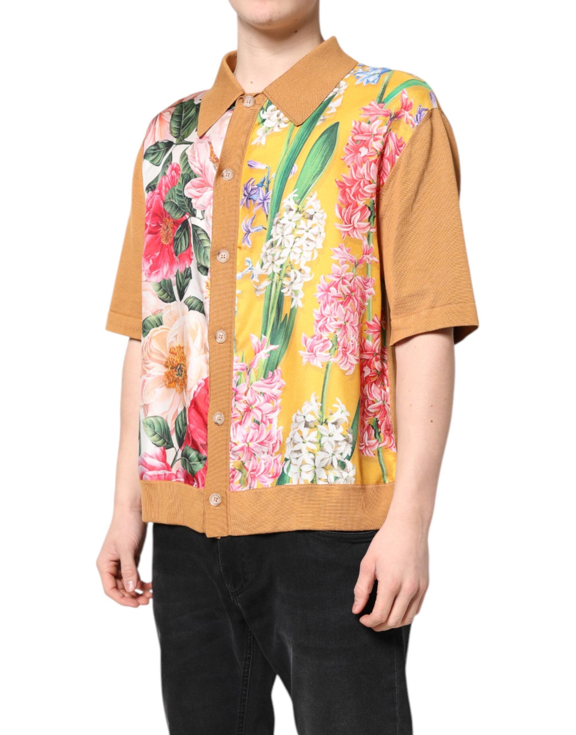 Dolce & Gabbana Brown Floral Collared Short Sleeve T-shirt LUNESCAPE
