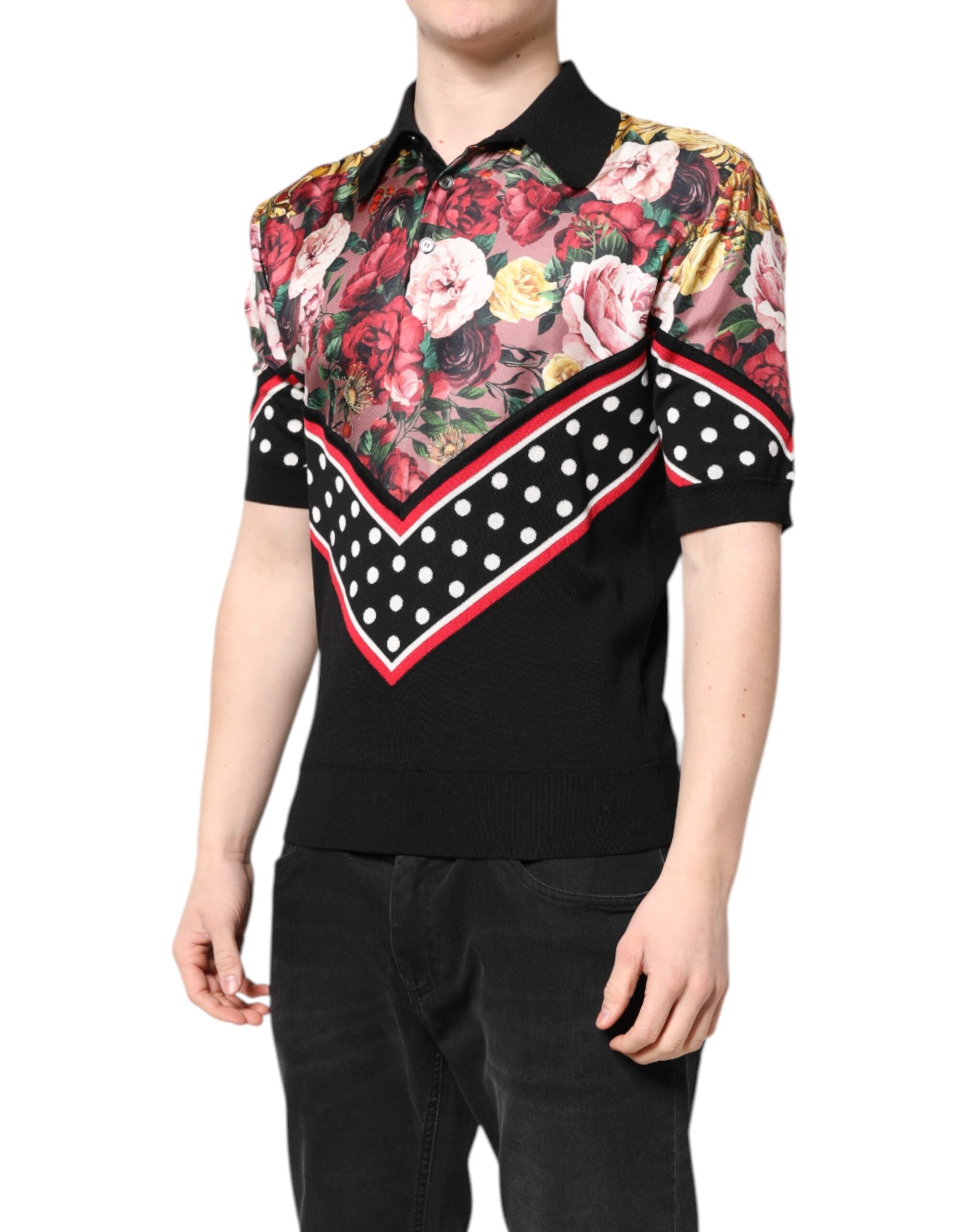Dolce & Gabbana Black Floral Collared Short Sleeve T-shirt LUNESCAPE