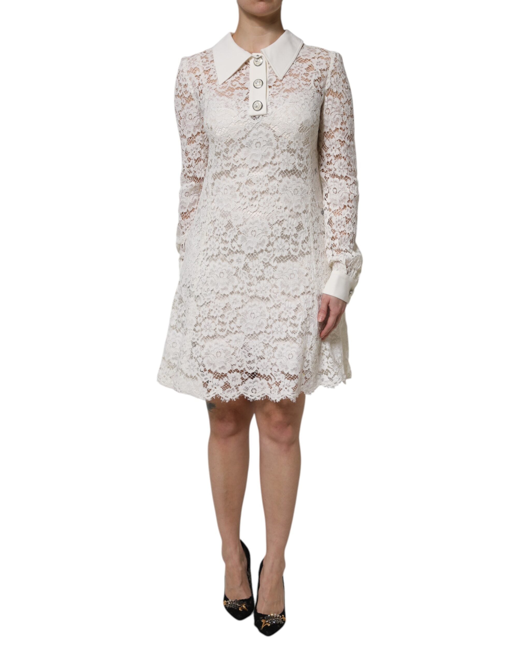 Dolce & Gabbana White Floral Lace Long Sleeves A-line Dress LUNESCAPE