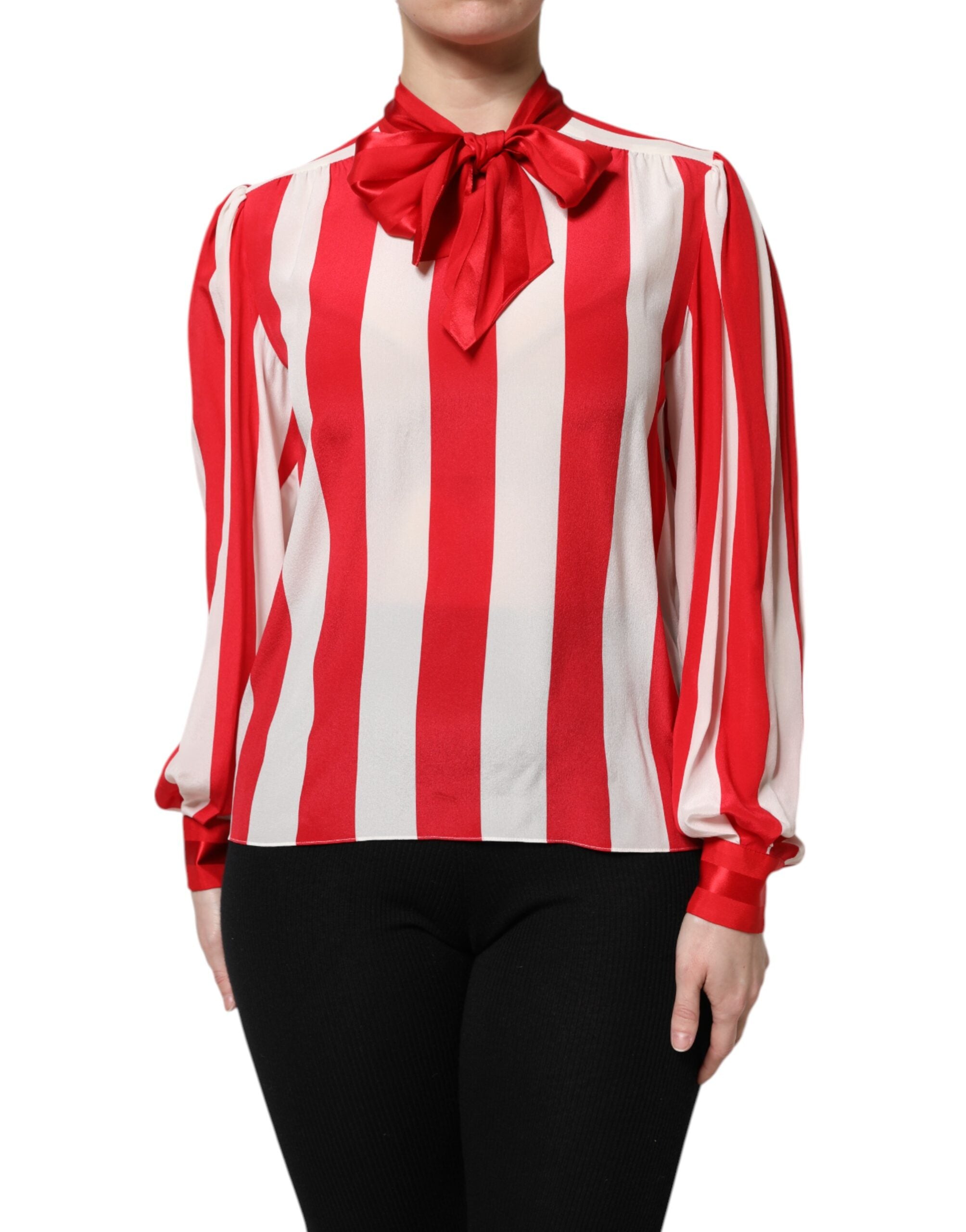 Dolce & Gabbana Red White Stripes Ascot Collar Blouse Top LUNESCAPE