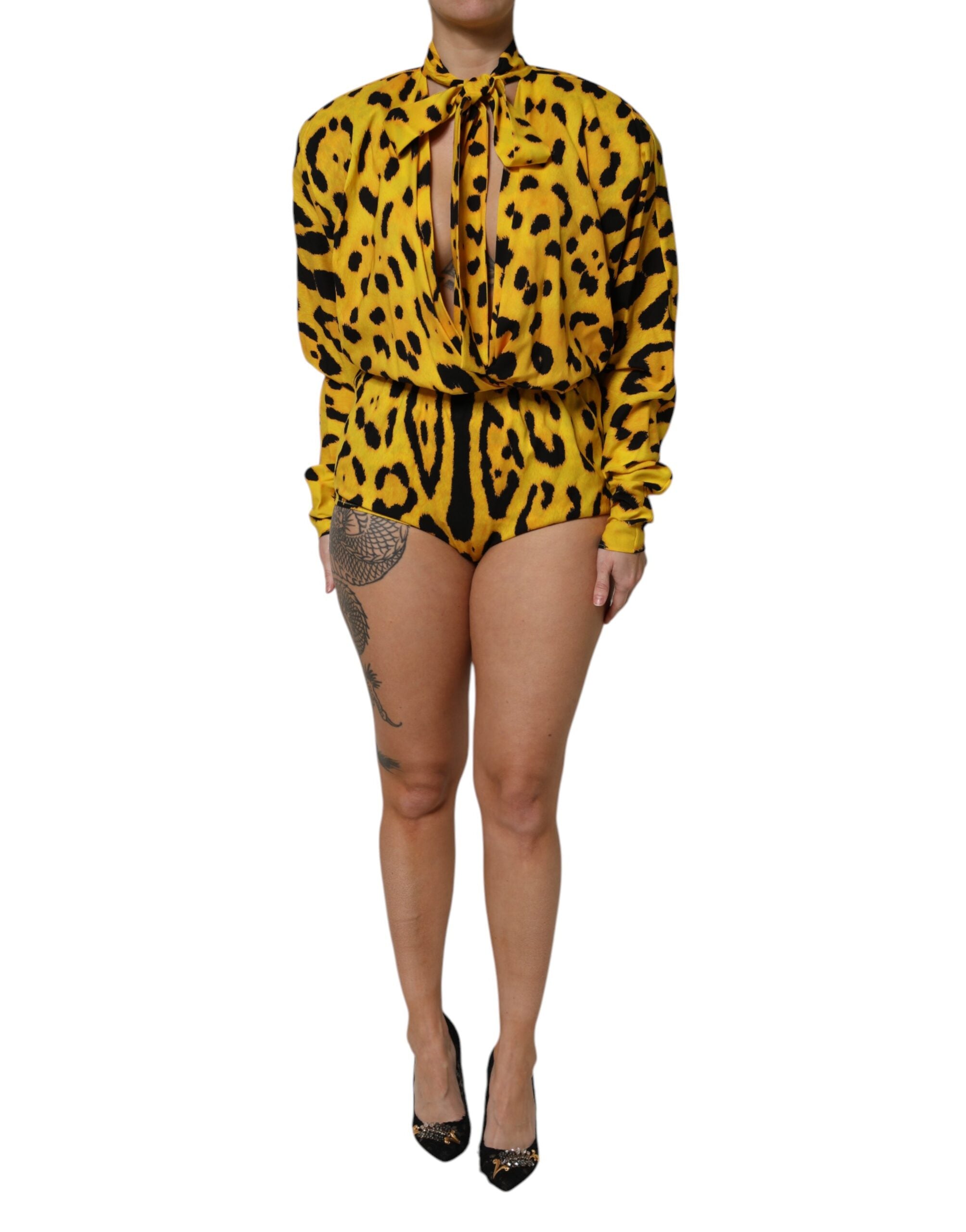 Dolce & Gabbana Yellow Leopard Long Sleeves Jumpsuit