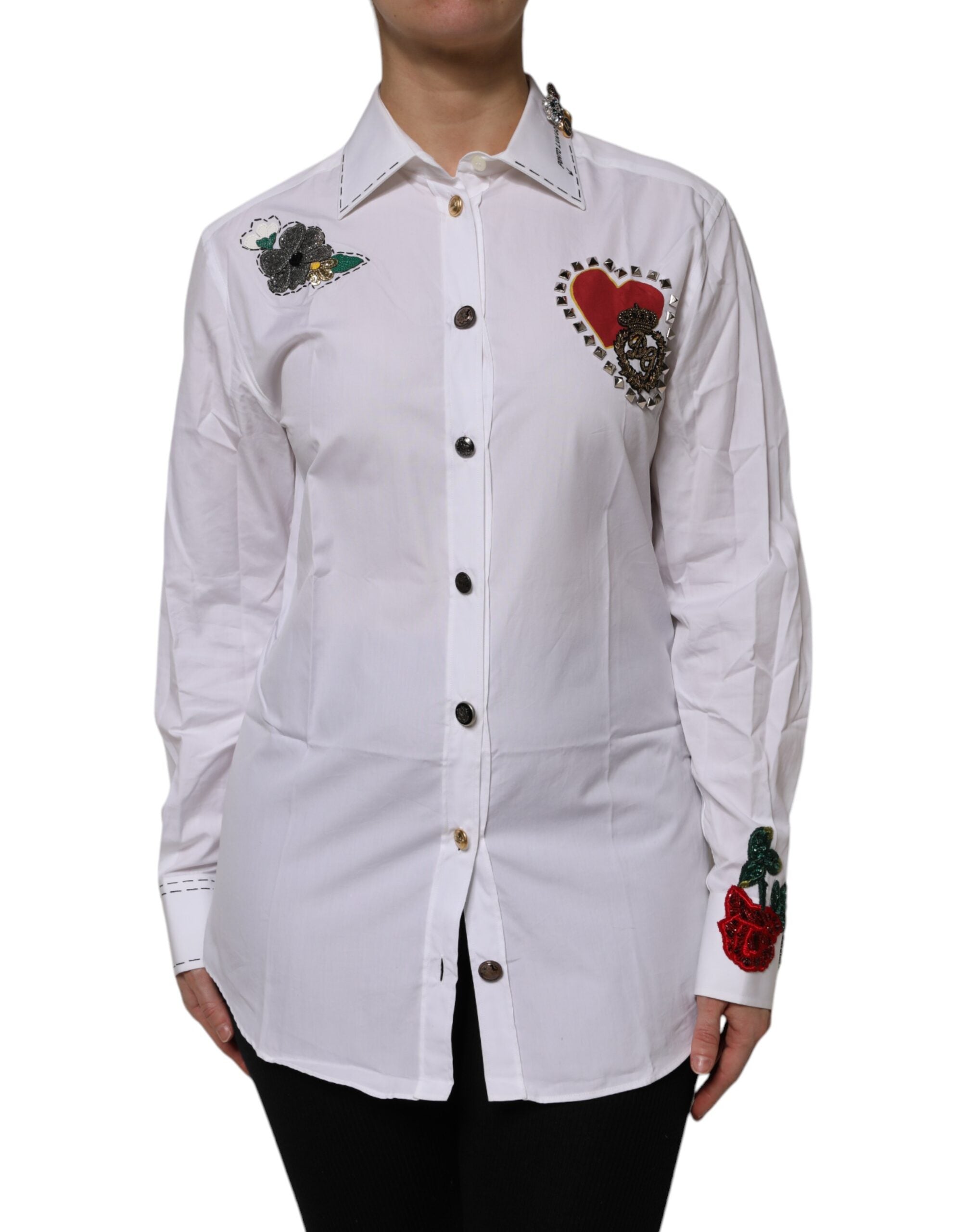 Dolce & Gabbana White Cotton Floral Embellished Shirt Top LUNESCAPE