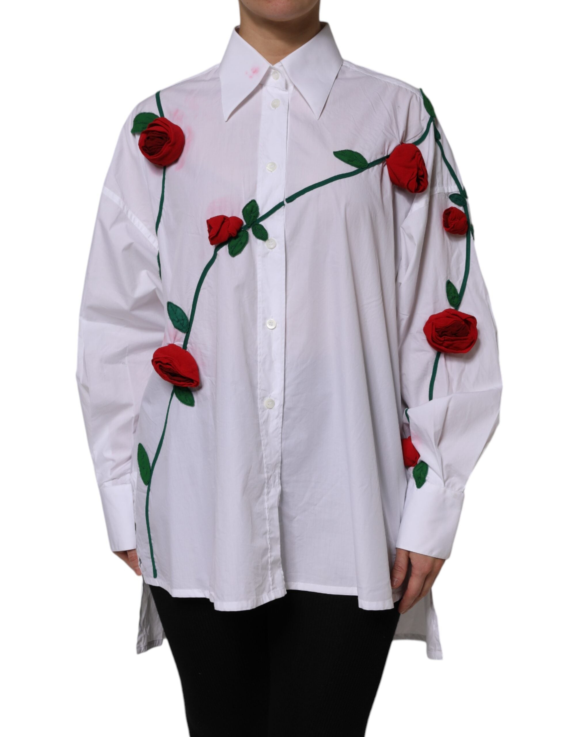 Dolce & Gabbana White Cotton Floral Appliques Dress Shirt Top LUNESCAPE