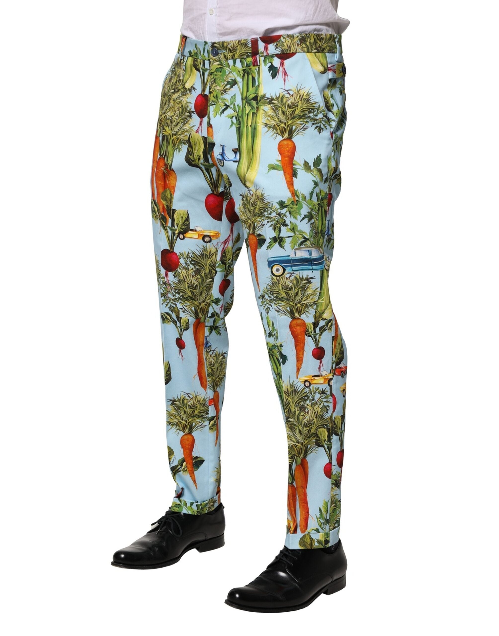 Dolce & Gabbana Turquoise Cotton Tapered Men Veggie Motif Pants LUNESCAPE