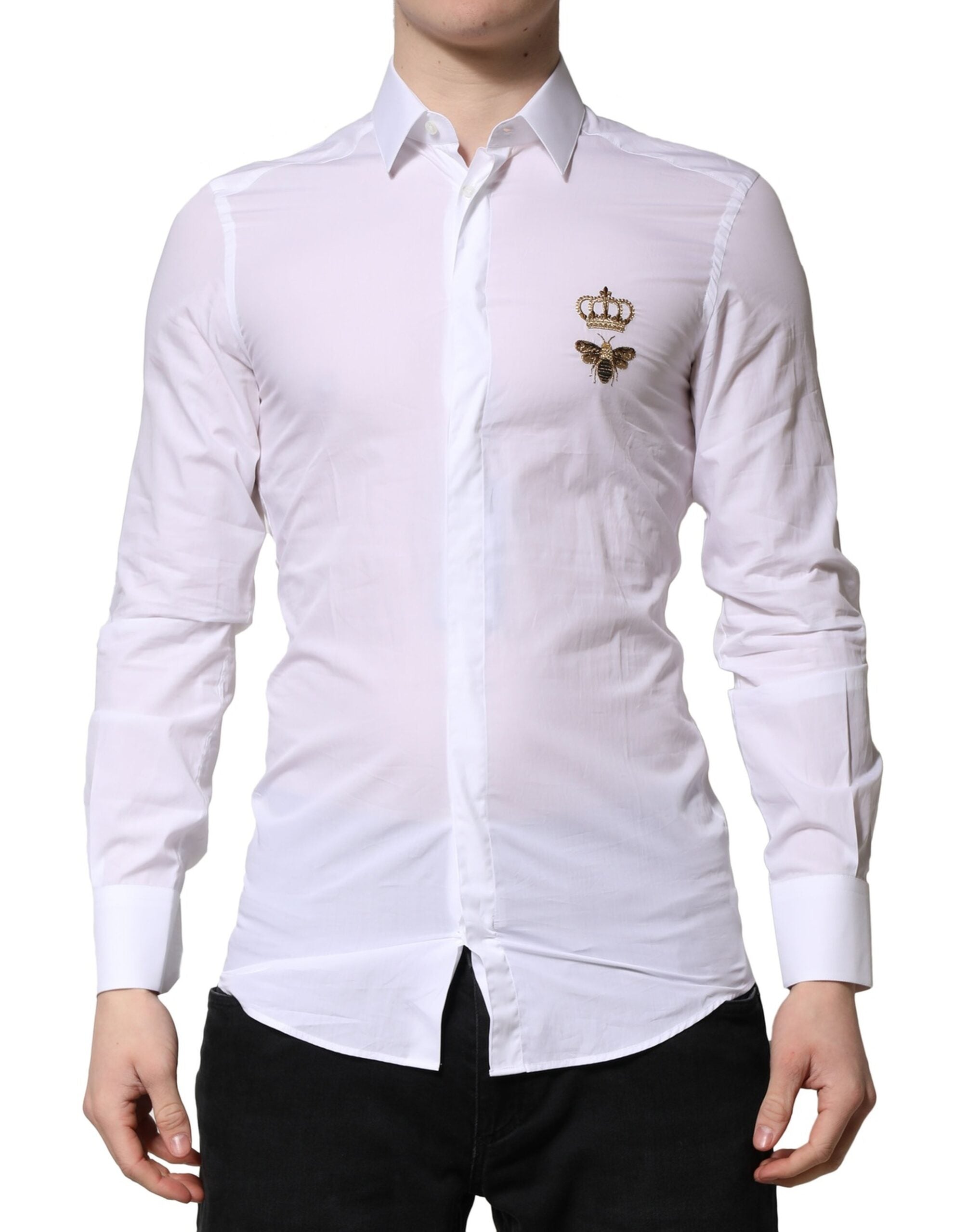 Dolce & Gabbana White GOLD Crown Bee Men Dress Formal Shirt LUNESCAPE