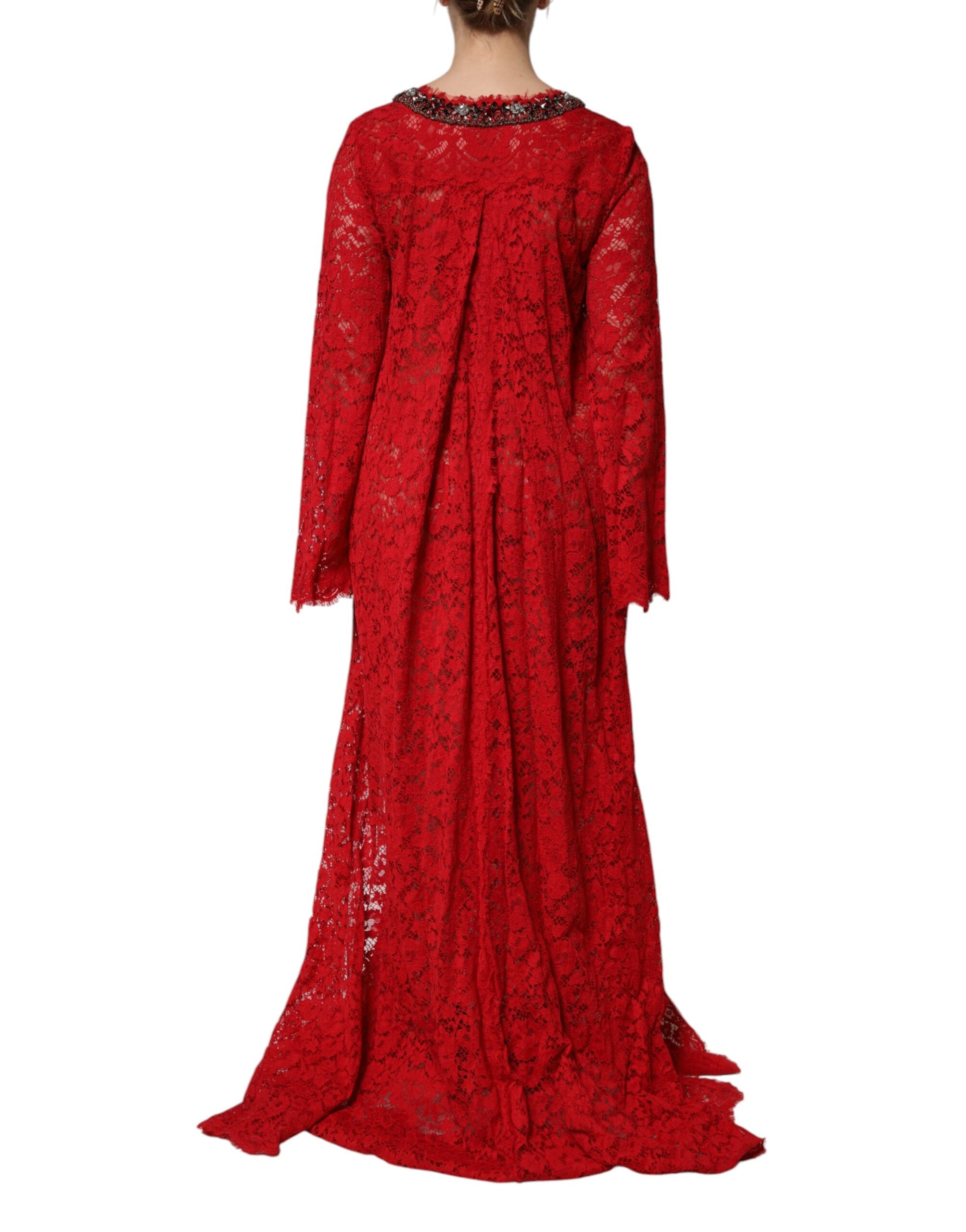 Dolce & Gabbana Red Floral Lace Rhinestone Embellished Dress