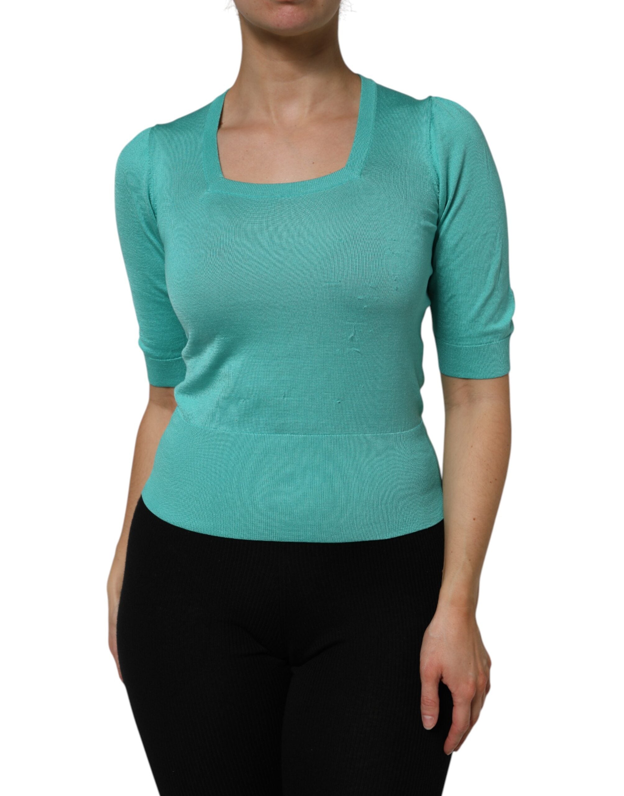Dolce & Gabbana Aqua Blue Silk Short Sleeves Square Neck Top LUNESCAPE