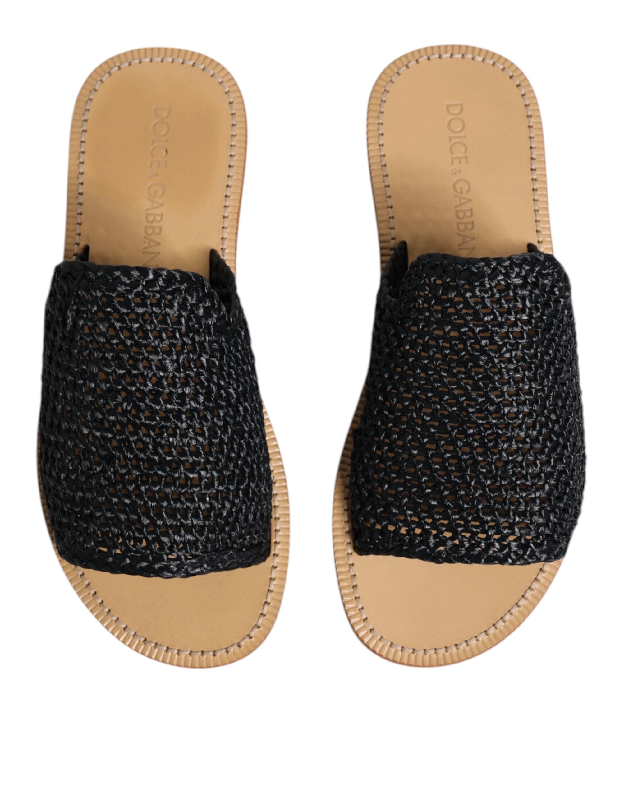 Dolce & Gabbana Black Monochrome Braided Raffia Slides Shoes LUNESCAPE