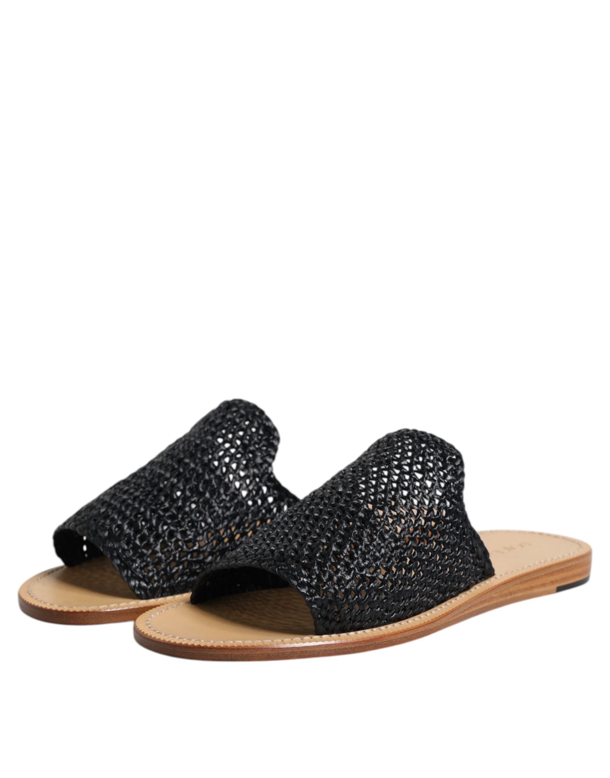 Dolce & Gabbana Black Monochrome Braided Raffia Slides Shoes LUNESCAPE