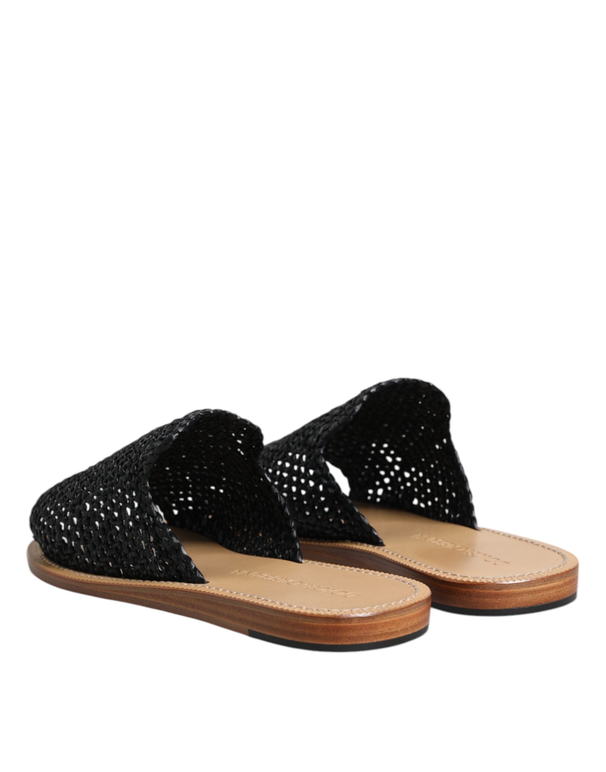 Dolce & Gabbana Black Monochrome Braided Raffia Slides Shoes LUNESCAPE