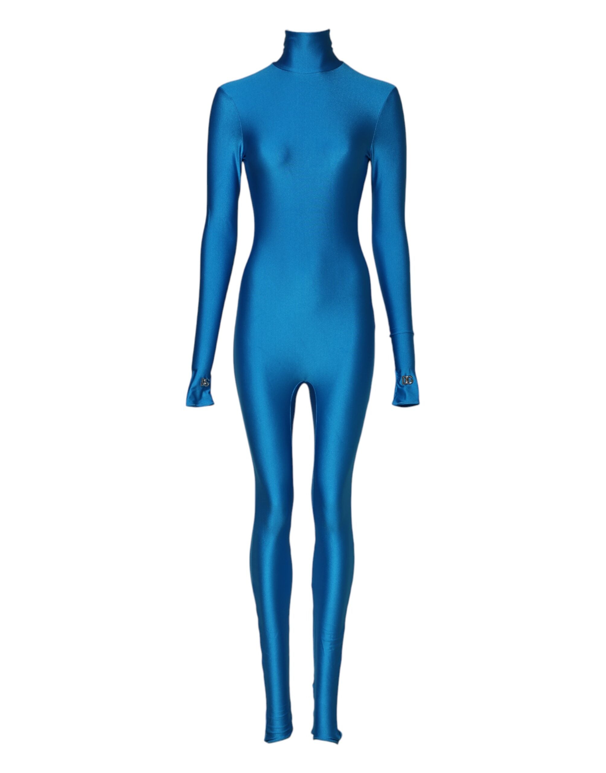 Dolce & Gabbana Blue Nylon Turtleneck Bodycon Jumpsuit