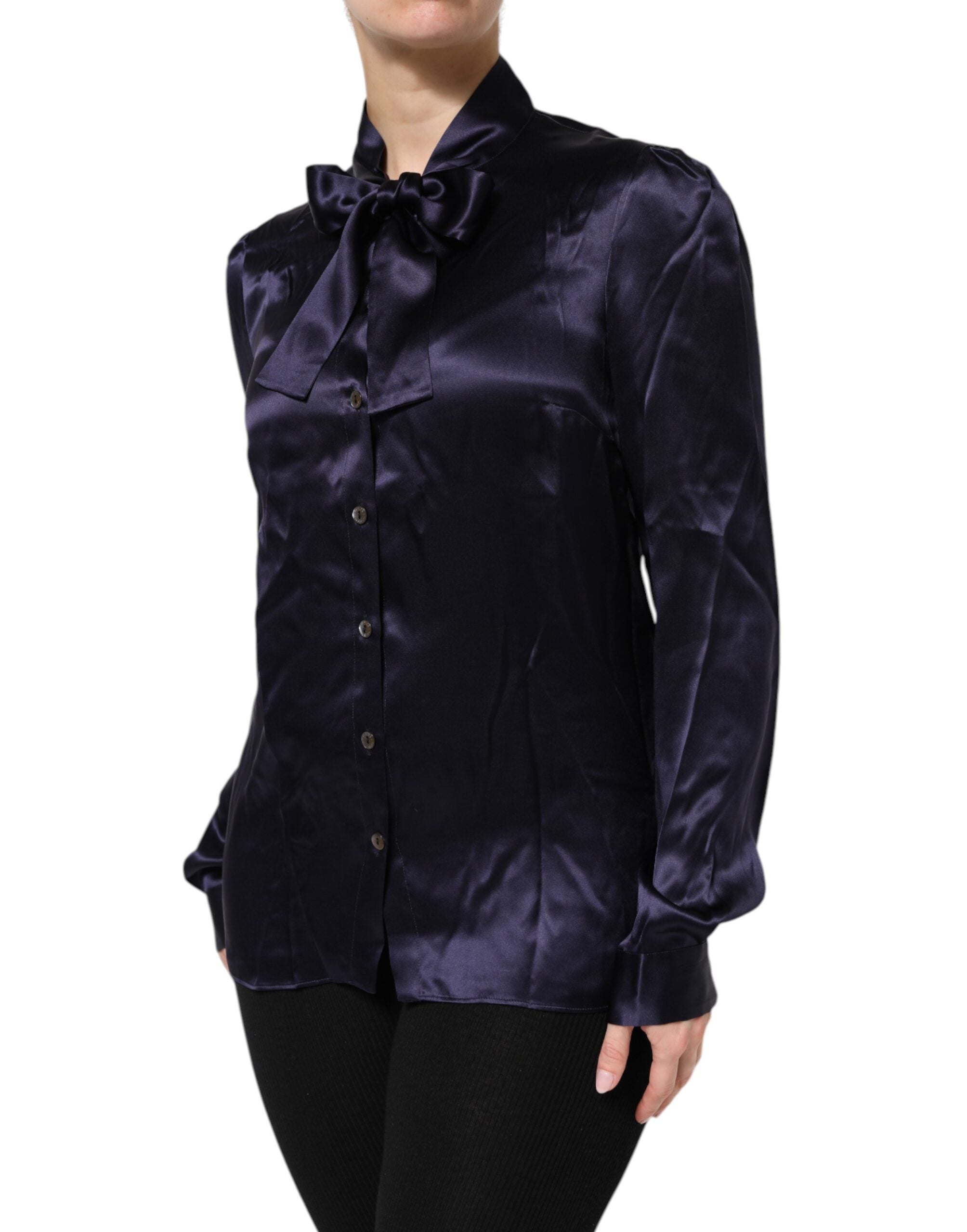 Dolce & Gabbana Dark Purple Silk Ascot Collared Blouse Top