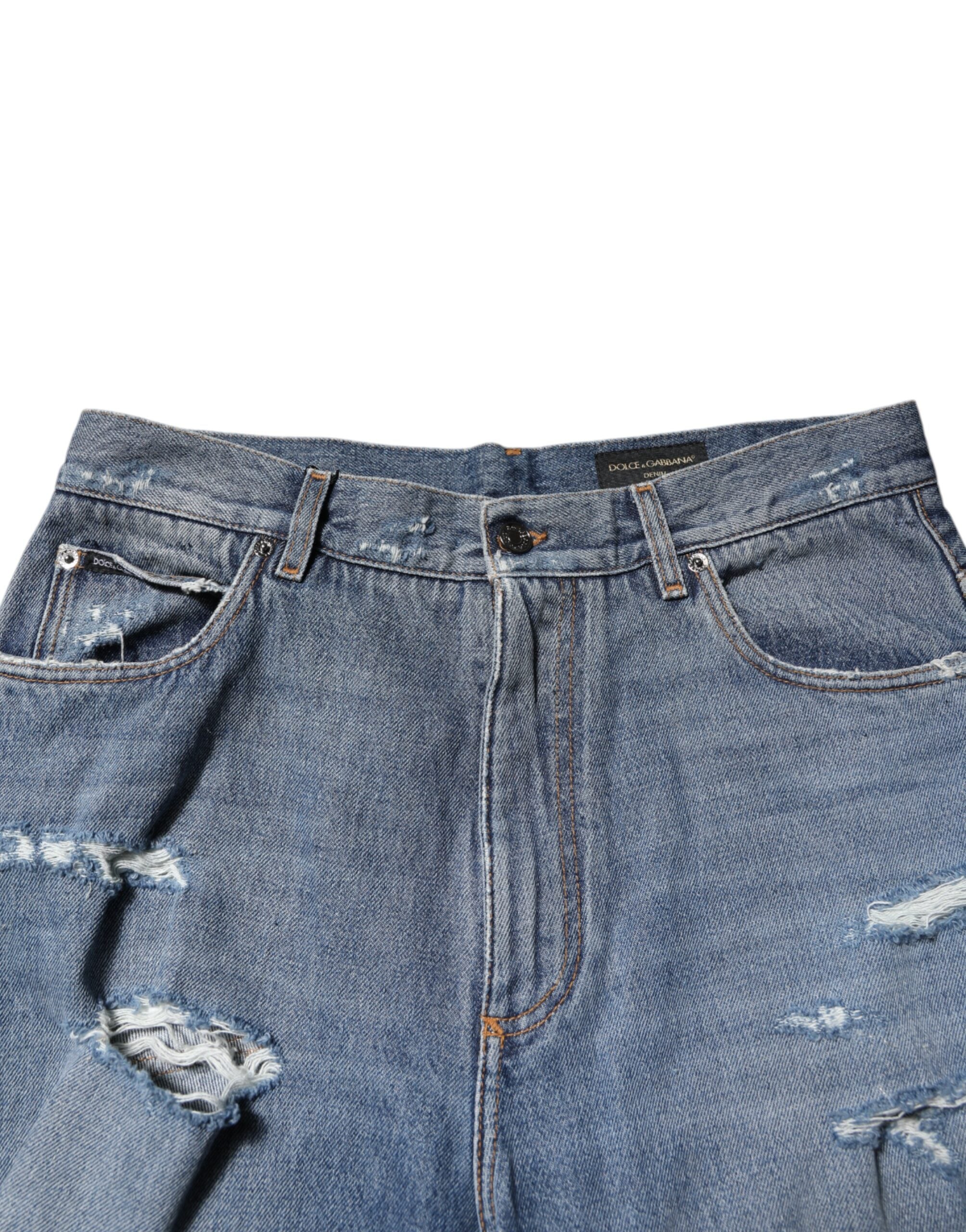 Dolce & Gabbana Blue Tattered Cotton Logo Plaque Denim Jeans