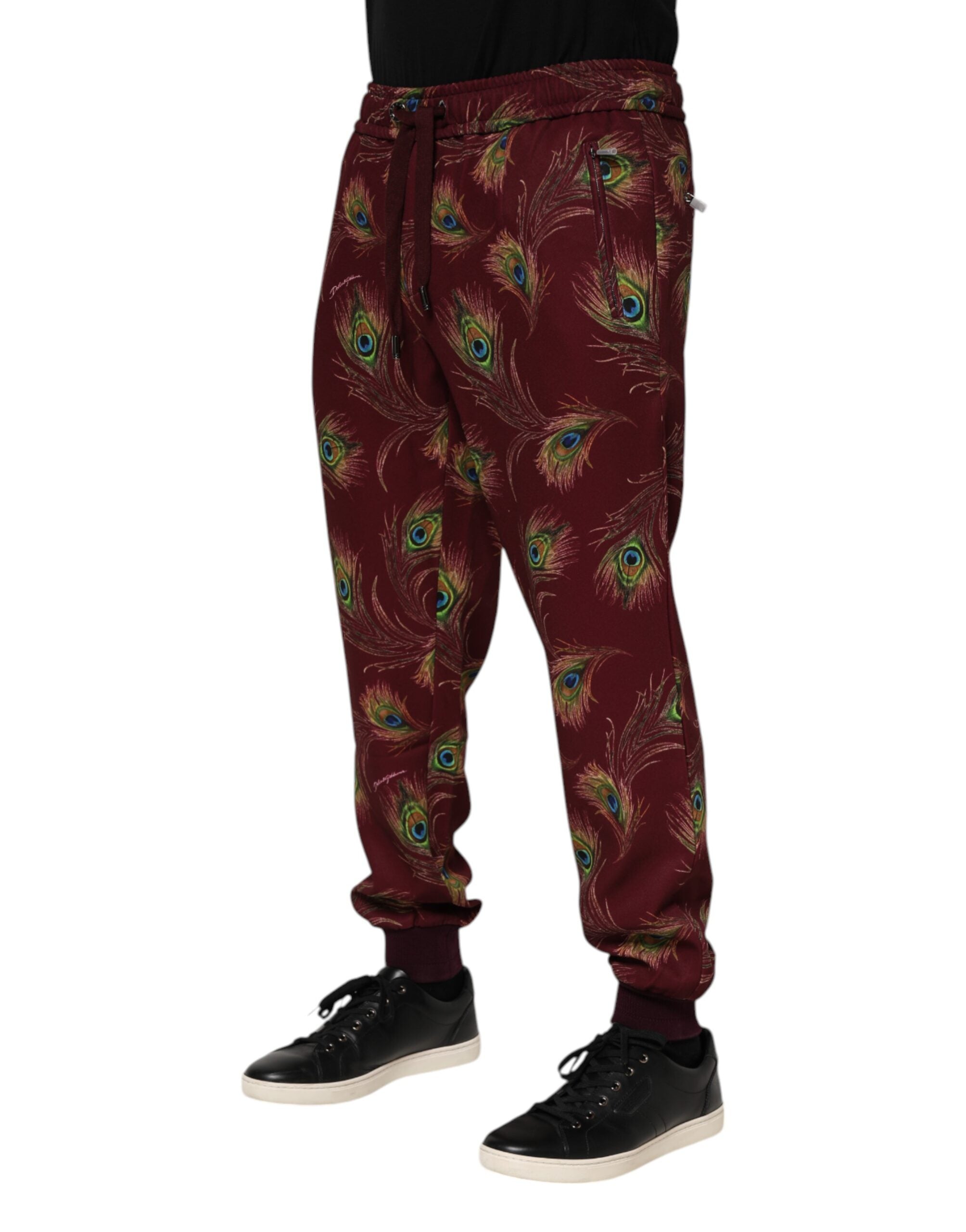 Dolce & Gabbana Burgundy Peacock Feather Print Jogger Pants