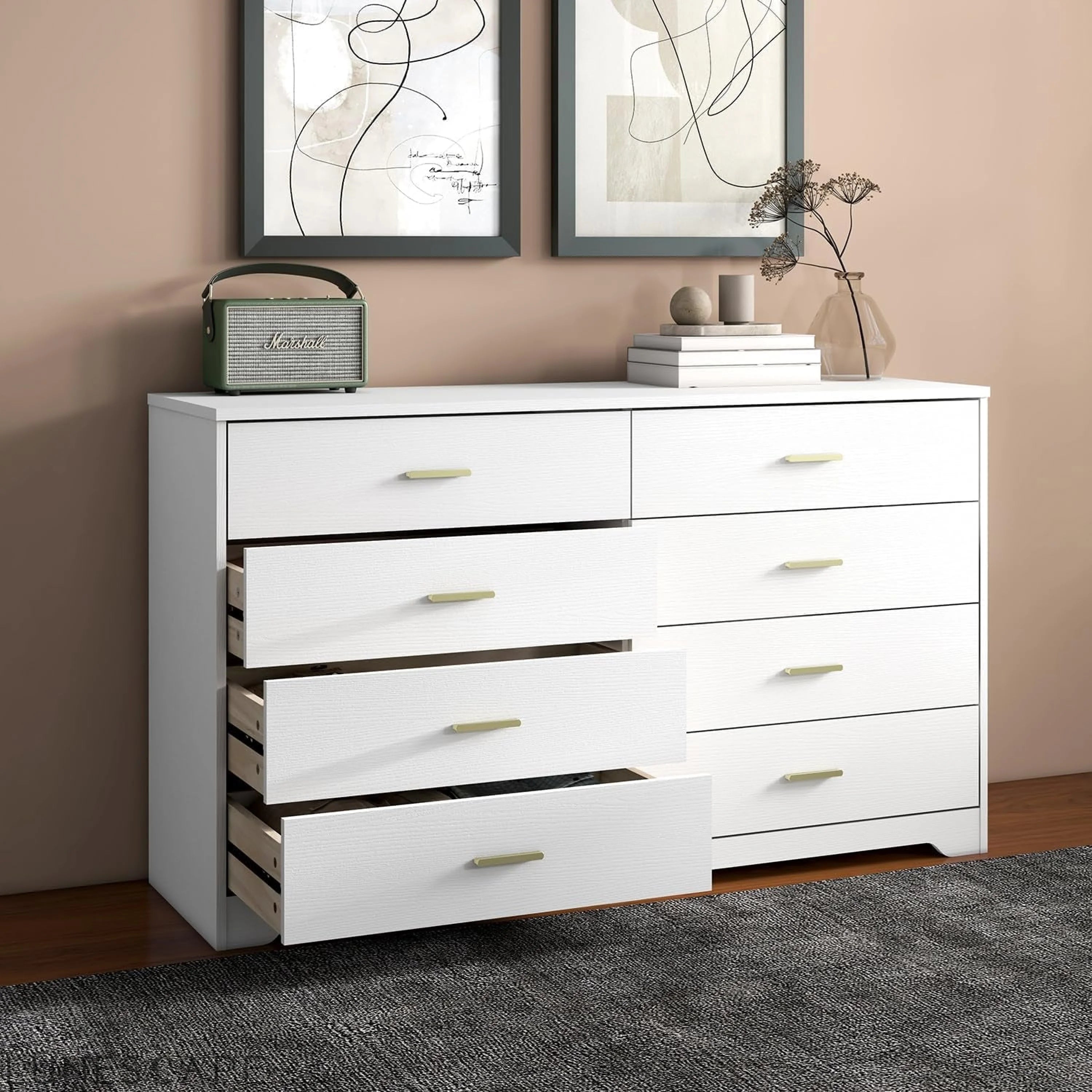 8 Drawer Wood Lateral Dresser, Big Wide Chest of Drawers Storage LUNESCAPE
