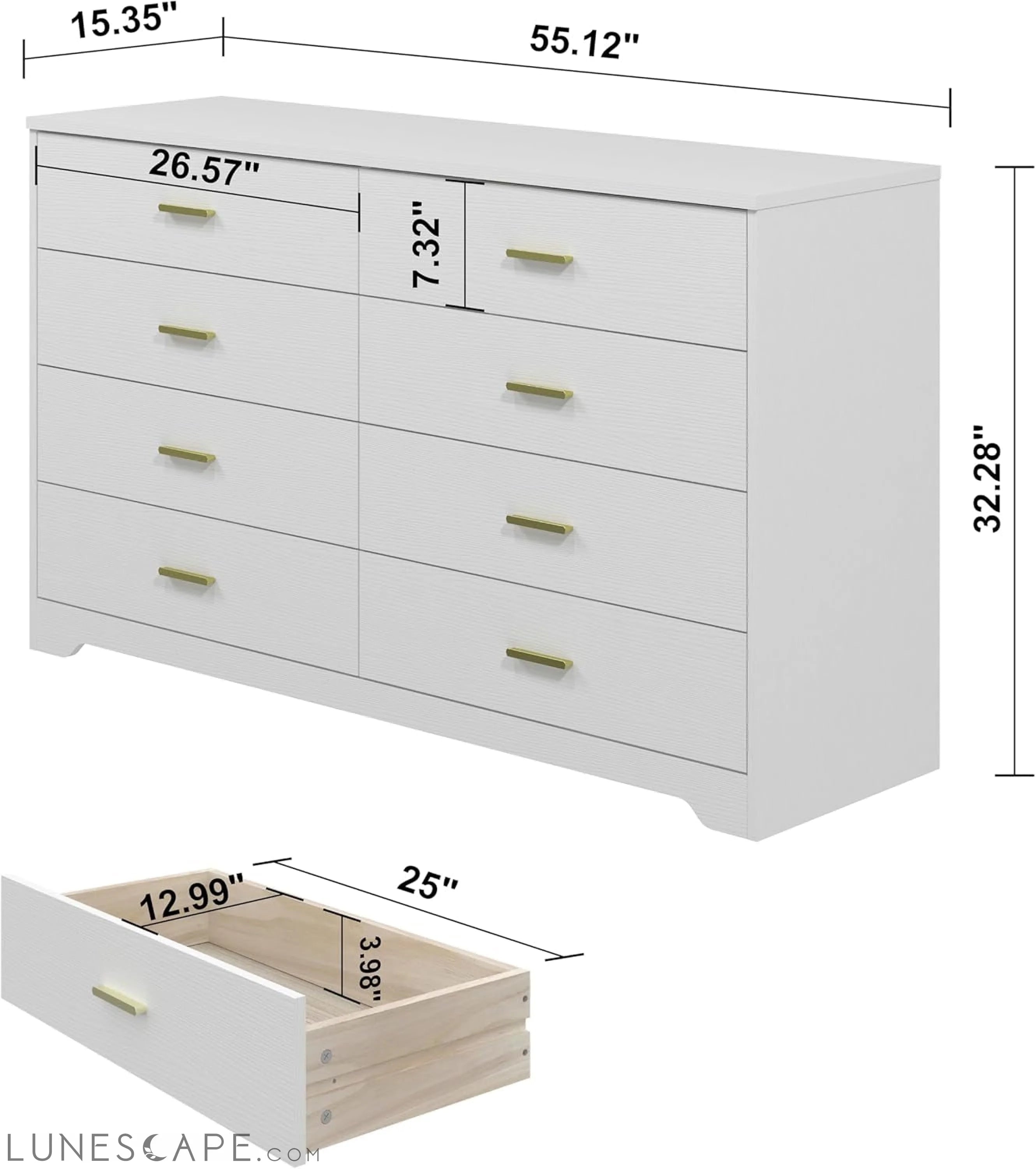 8 Drawer Wood Lateral Dresser, Big Wide Chest of Drawers Storage LUNESCAPE