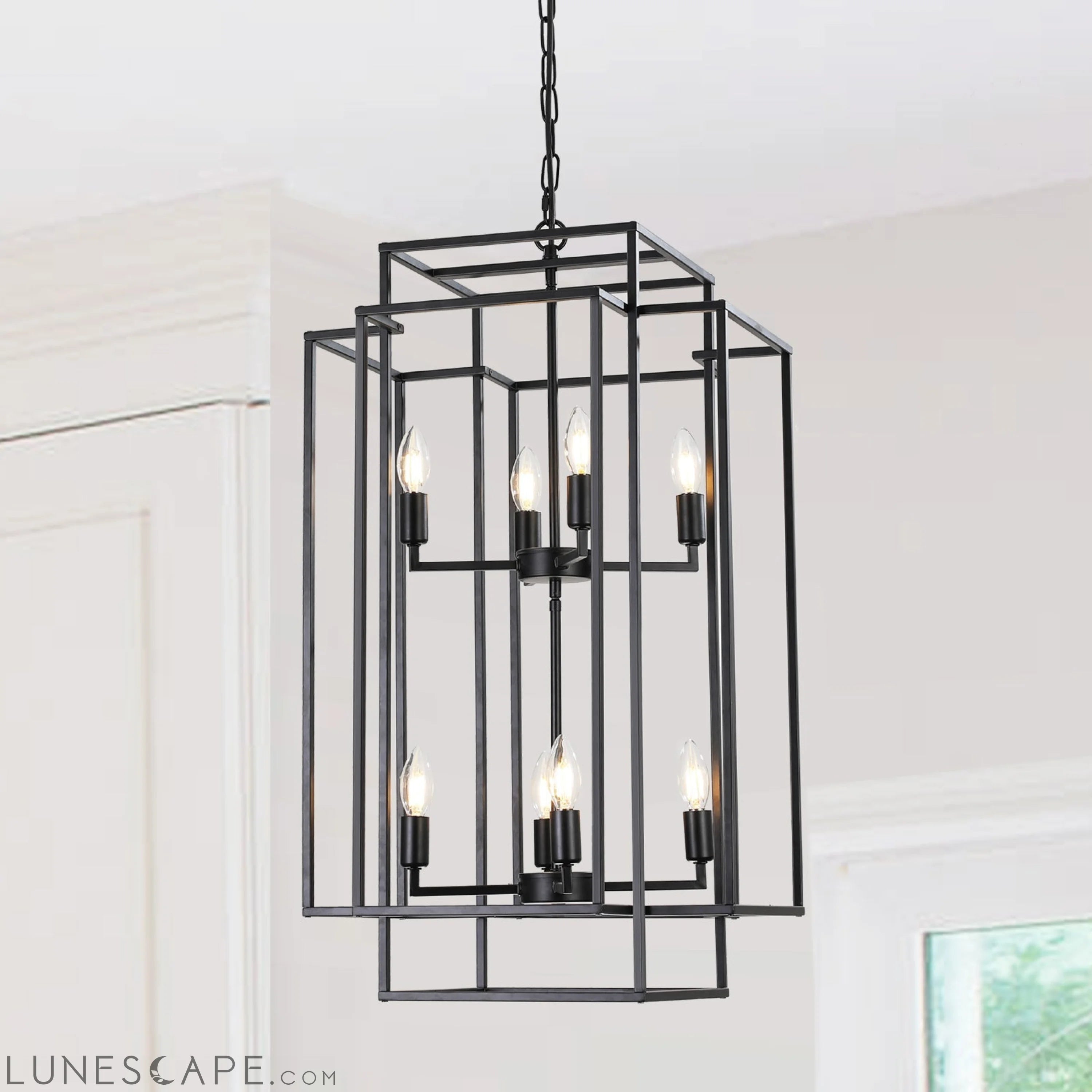 8-Lights Black Lantern Tiered Pendant Light Fixtures, Industrial LUNESCAPE