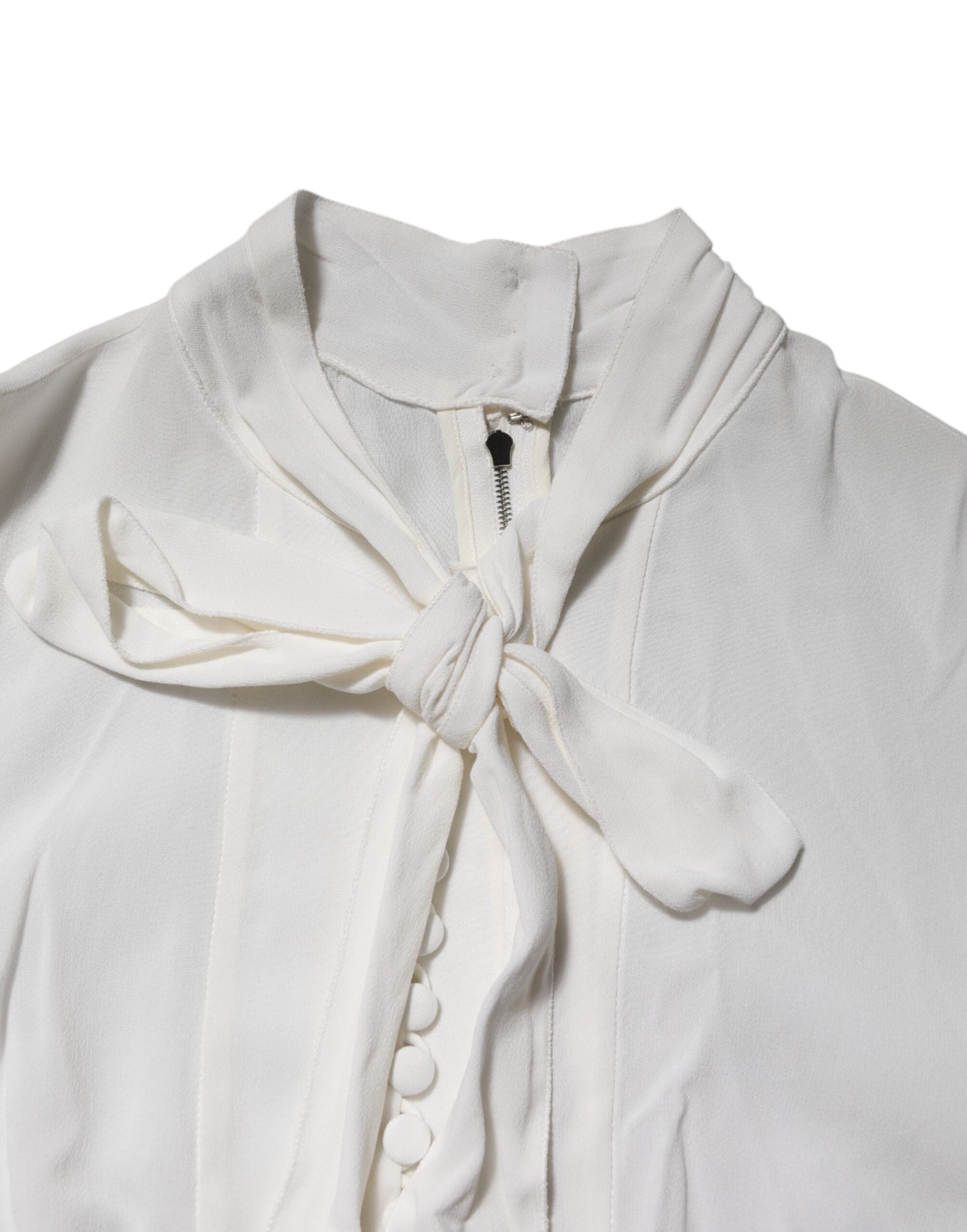 Dolce & Gabbana White Viscose Ascot Collar Long Sleeves Top LUNESCAPE