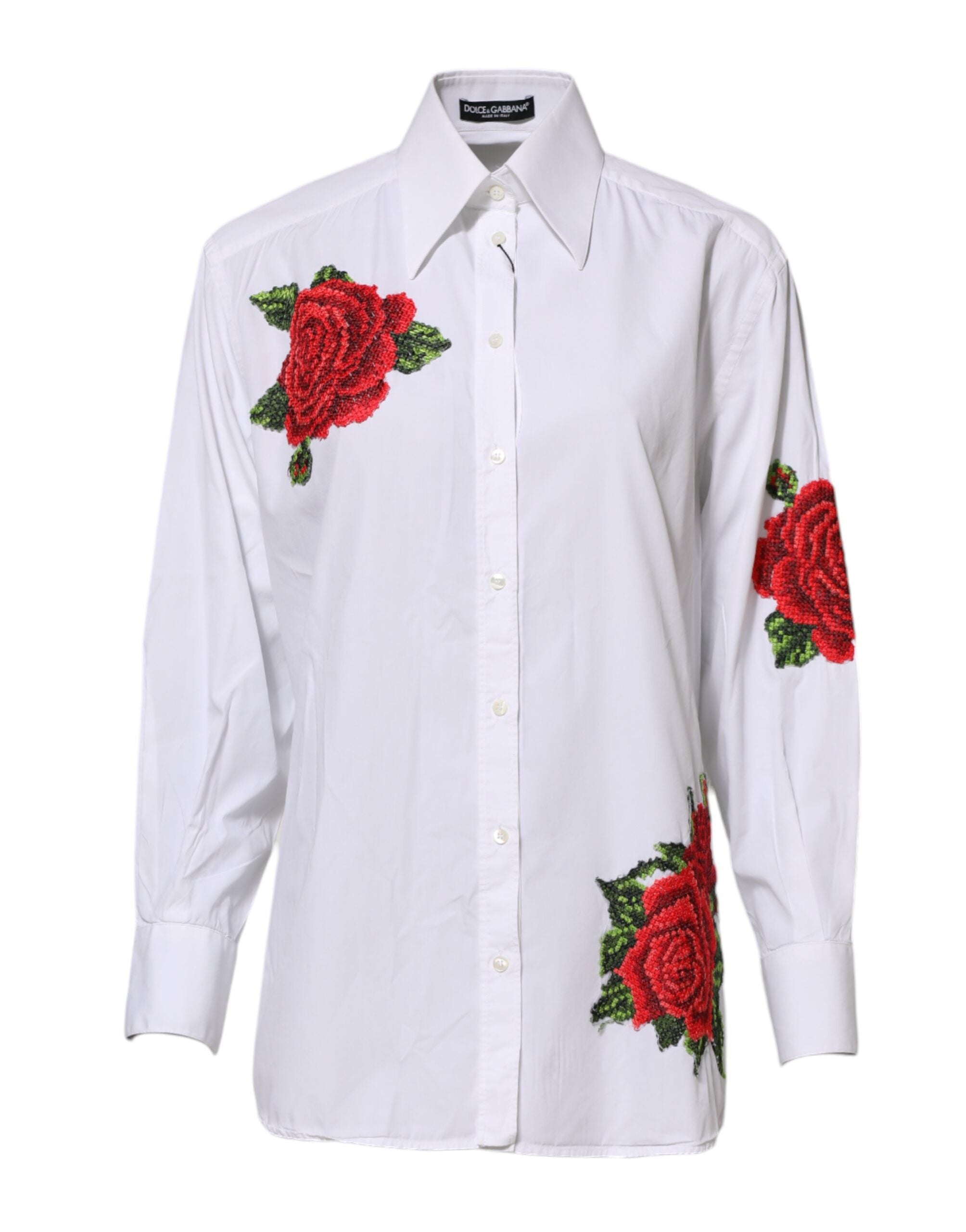 Dolce & Gabbana White Rose Embroidery Collared Shirt Top LUNESCAPE
