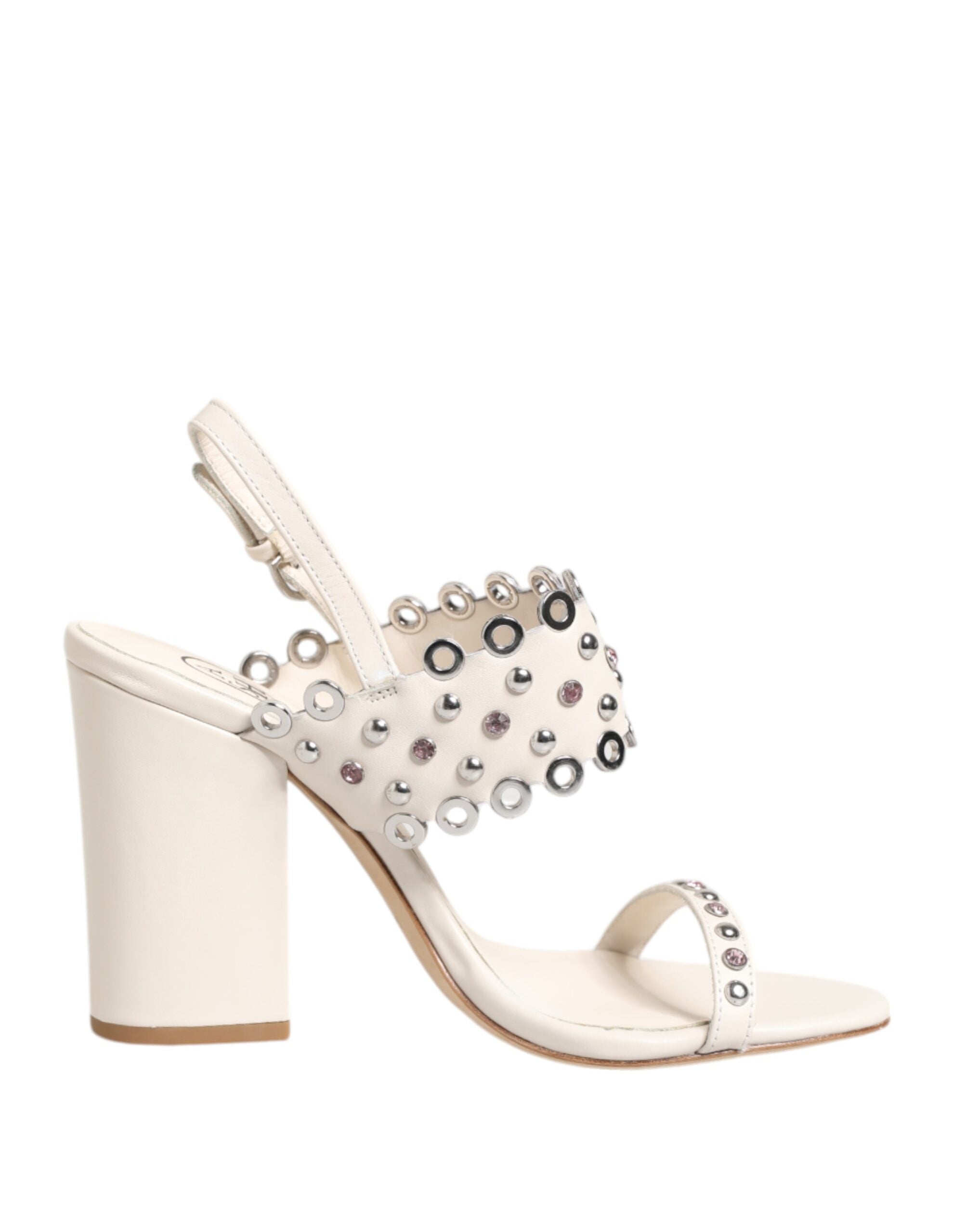 ASH White Block Heeled Studded Quarter Strap Slingback Sandals LUNESCAPE