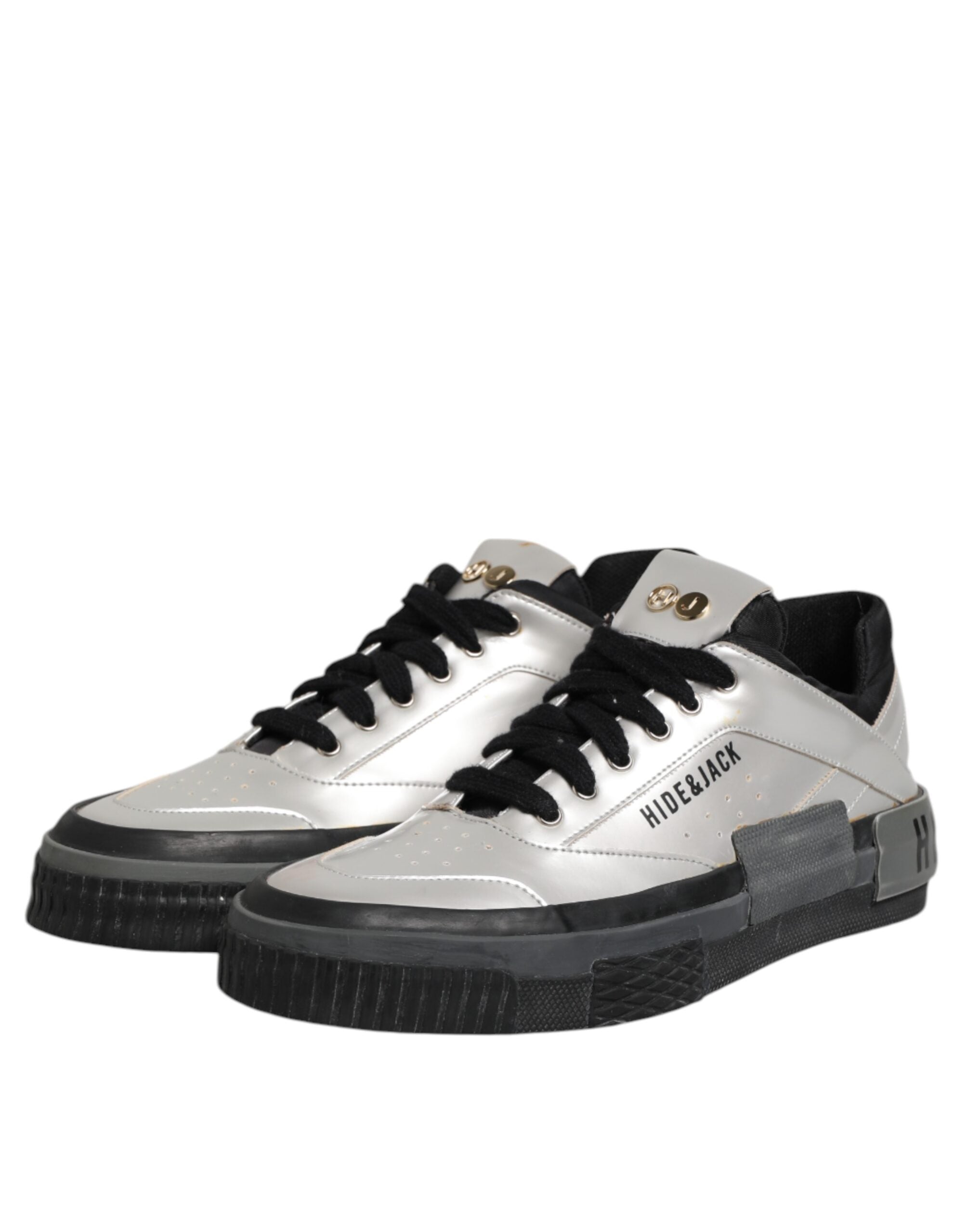 HIDE & JACK Silver Leather Lace Up Low Top Sneakers Shoes