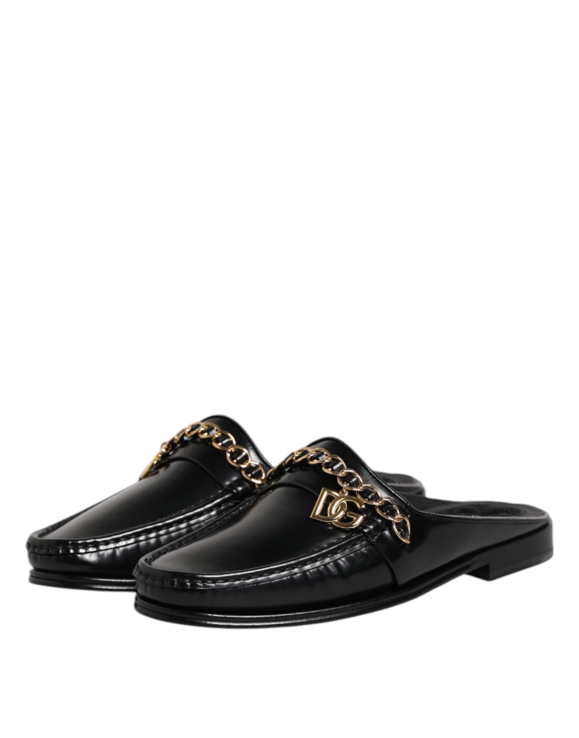 Dolce & Gabbana Black Leather DG Chain Embellished Sandals Shoes