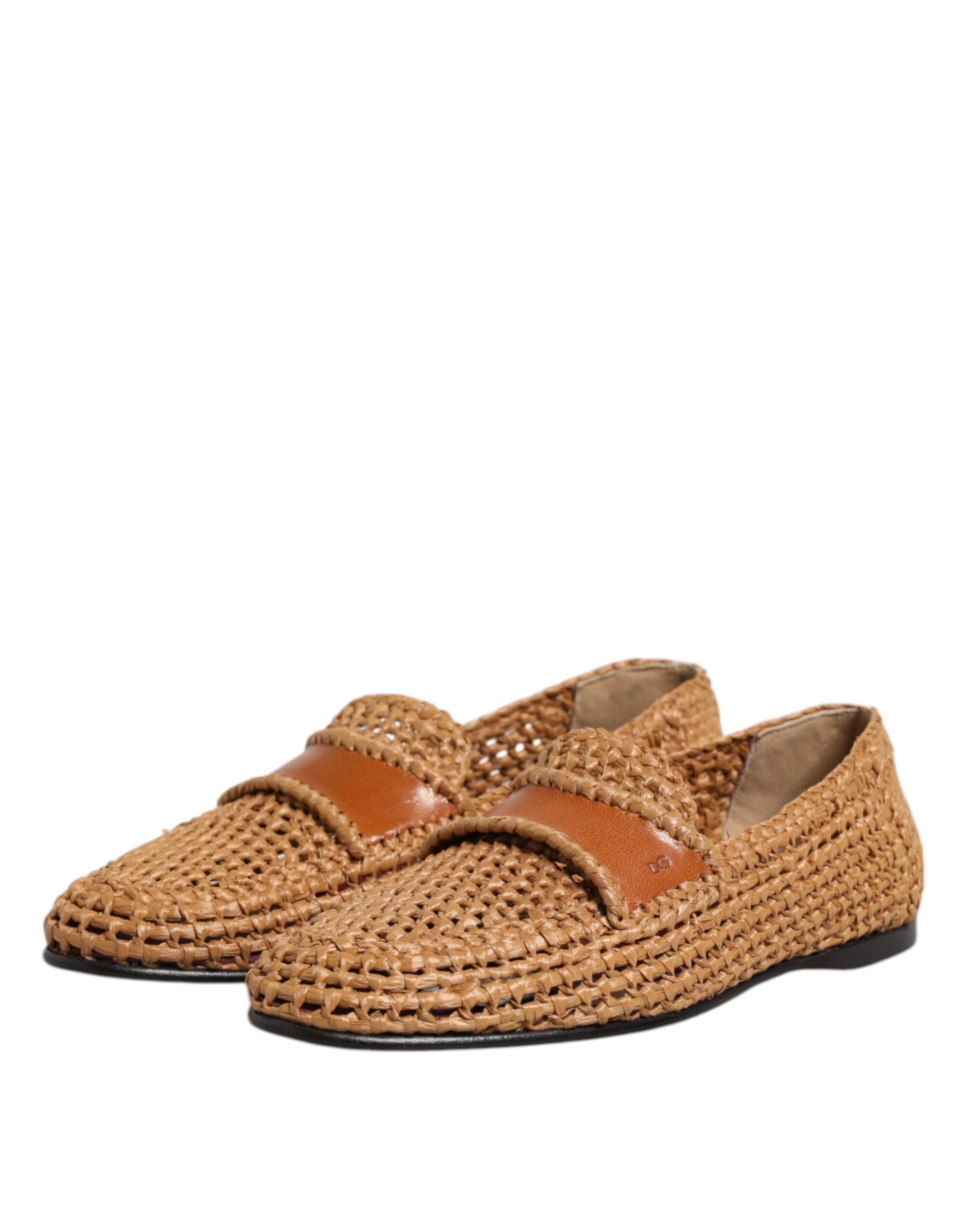 Dolce & Gabbana Brown Woven Raffia Slip On Loafers Shoes LUNESCAPE