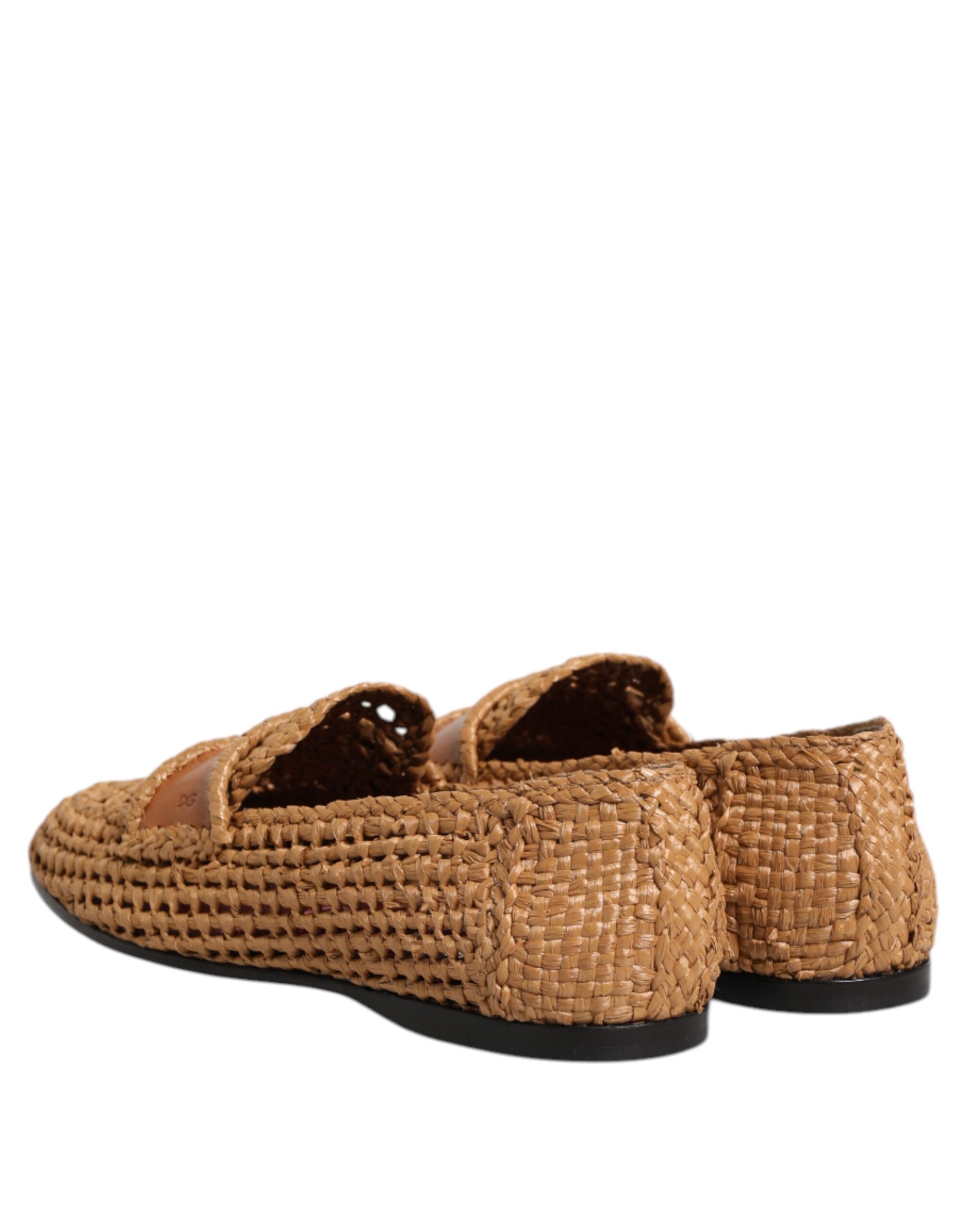 Dolce & Gabbana Brown Woven Raffia Slip On Loafers Shoes LUNESCAPE