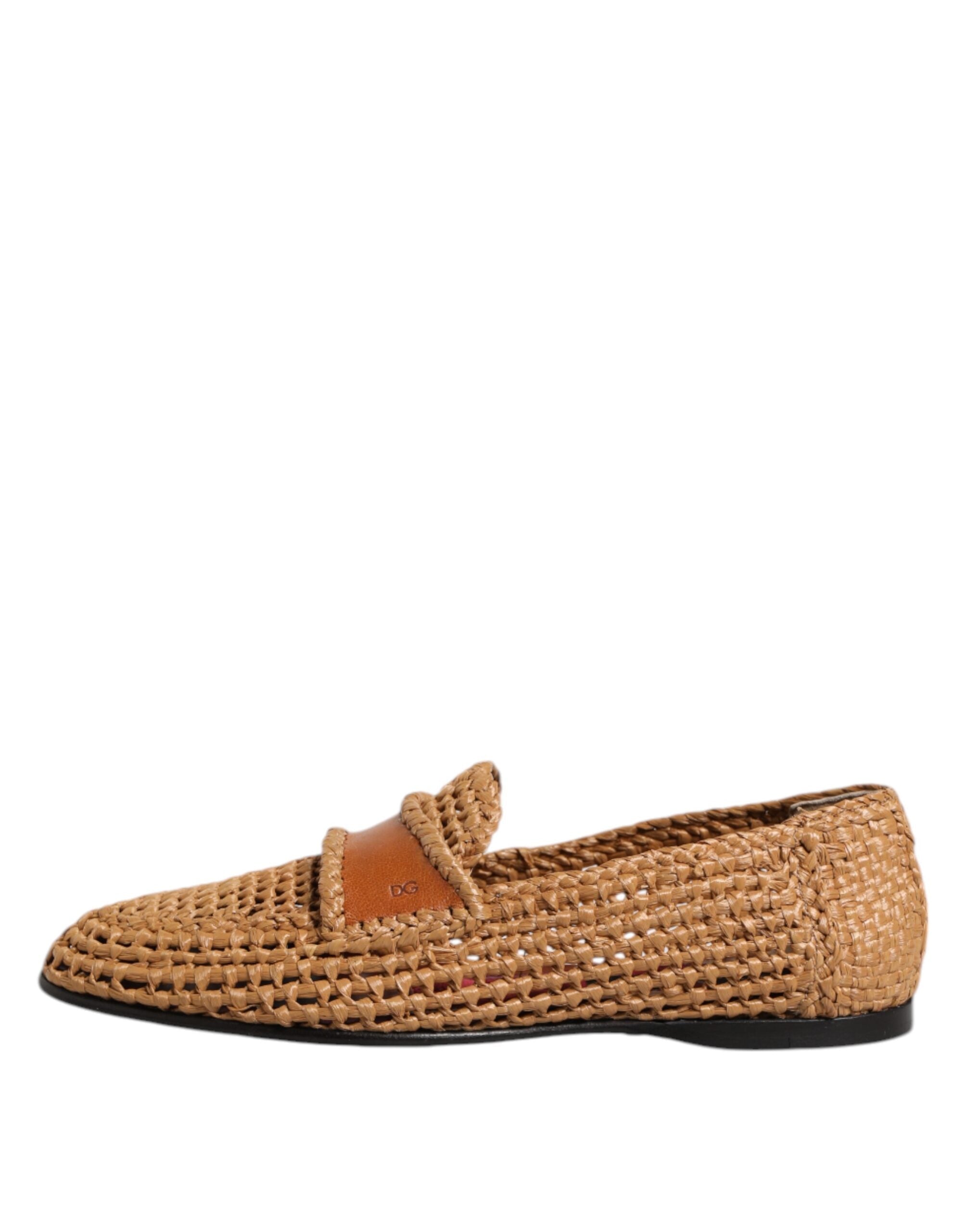 Dolce & Gabbana Brown Woven Raffia Slip On Loafers Shoes LUNESCAPE