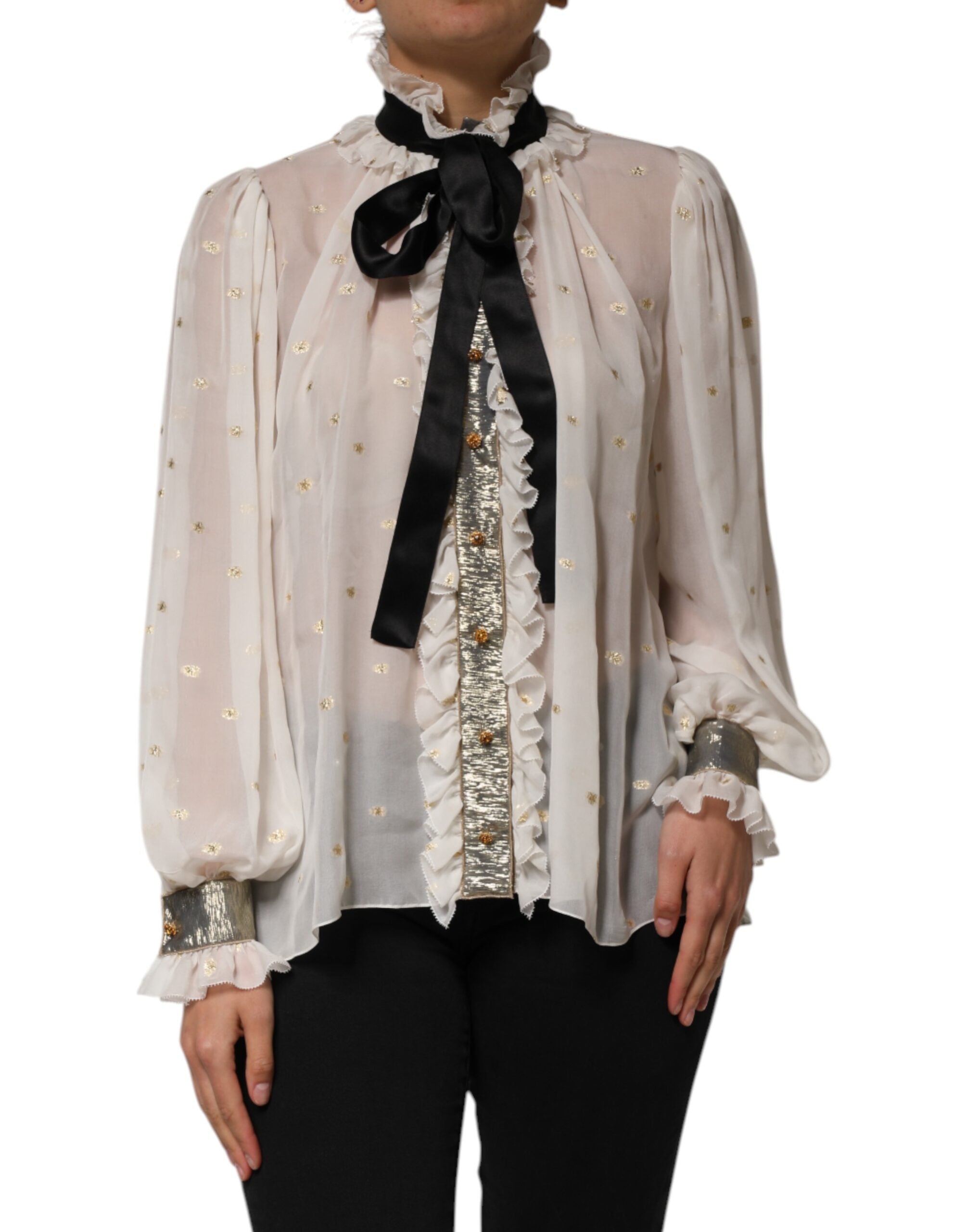 Dolce & Gabbana White Black Silk Long Sleeve Ascot Collar Top LUNESCAPE