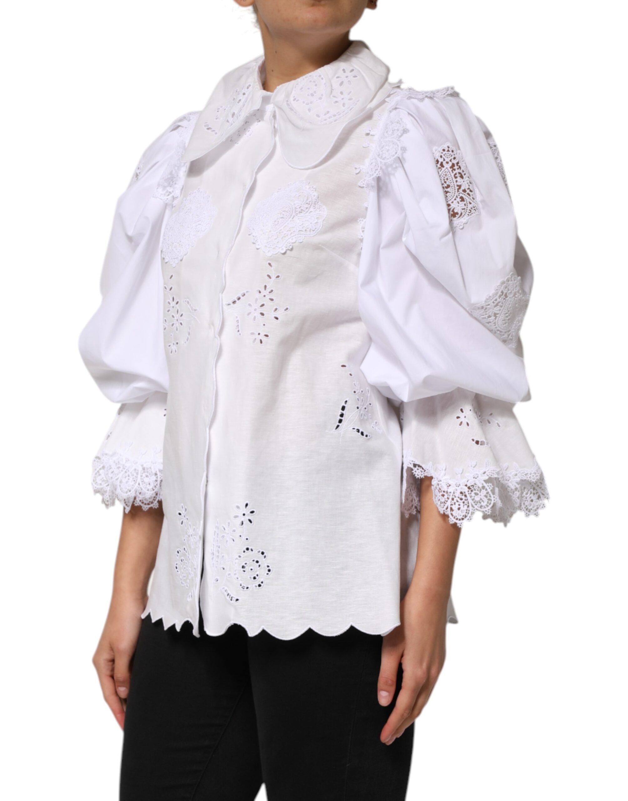 Dolce & Gabbana White Ruffled Lace Embellished Blouse Top LUNESCAPE