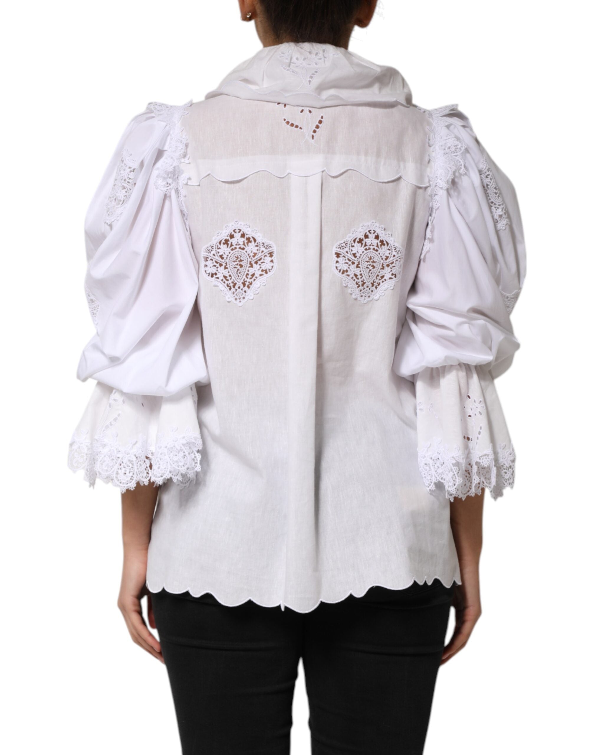 Dolce & Gabbana White Ruffled Lace Embellished Blouse Top LUNESCAPE