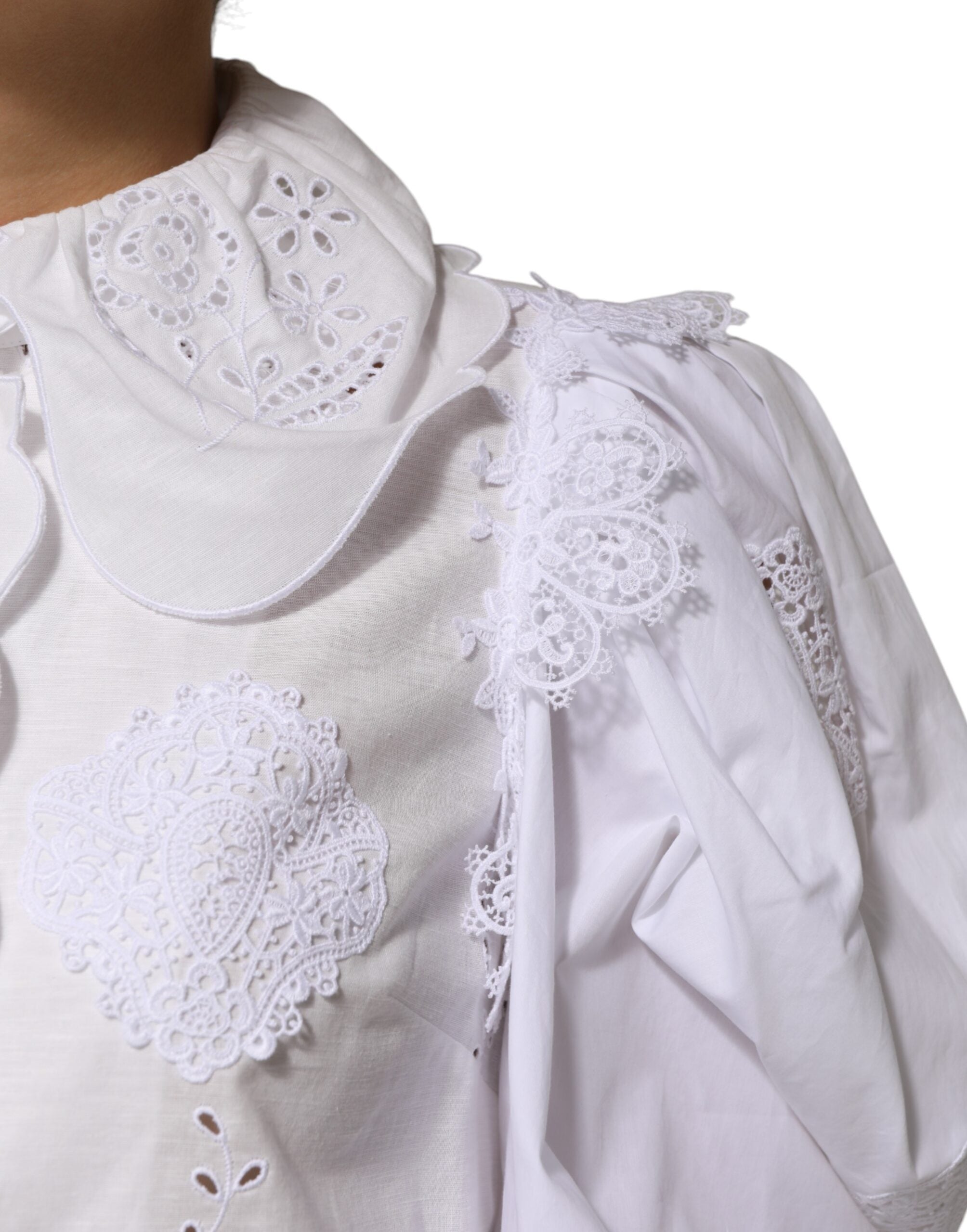 Dolce & Gabbana White Ruffled Lace Embellished Blouse Top LUNESCAPE