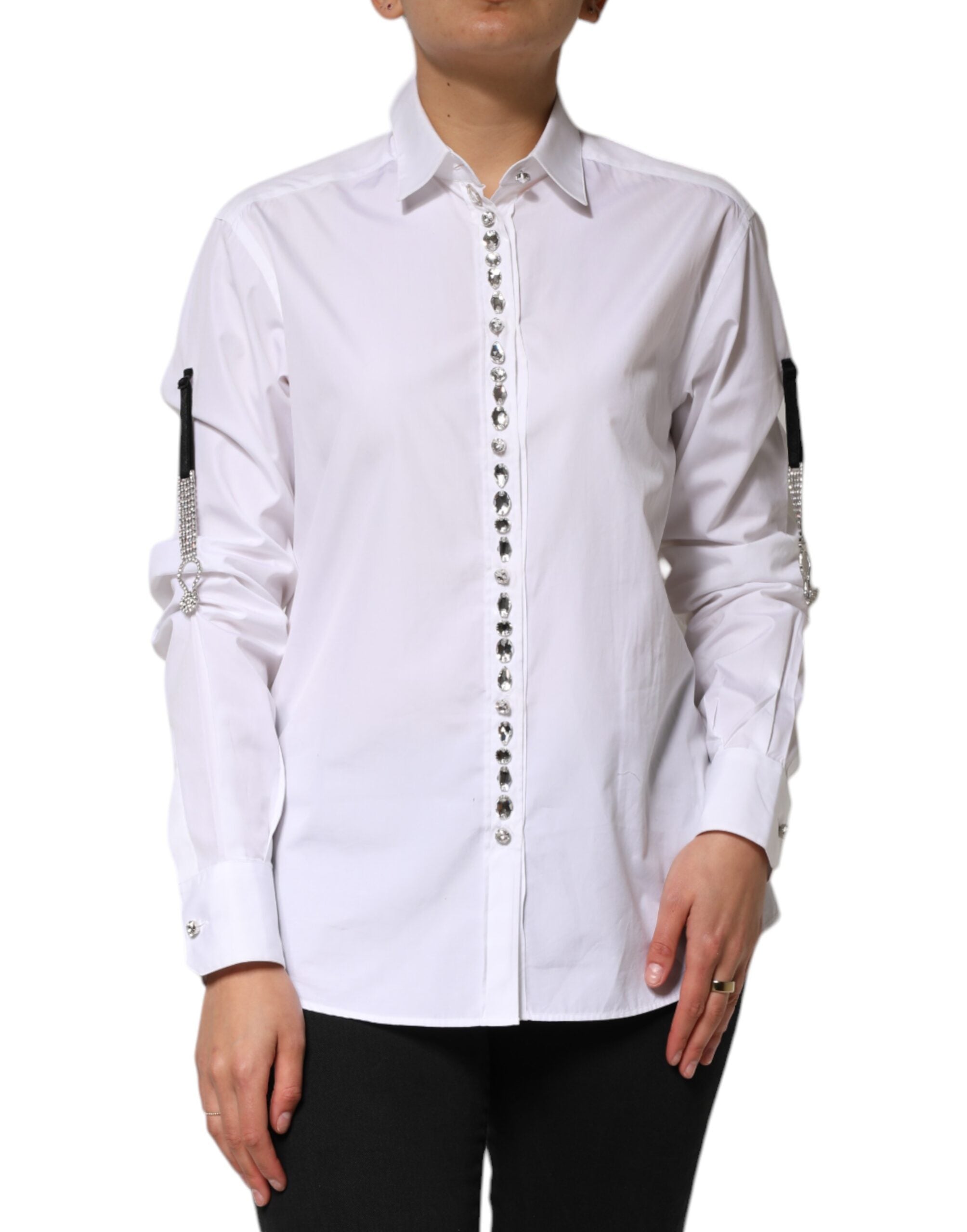 Dolce & Gabbana White Crystal Embellished Collared Shirt Top LUNESCAPE