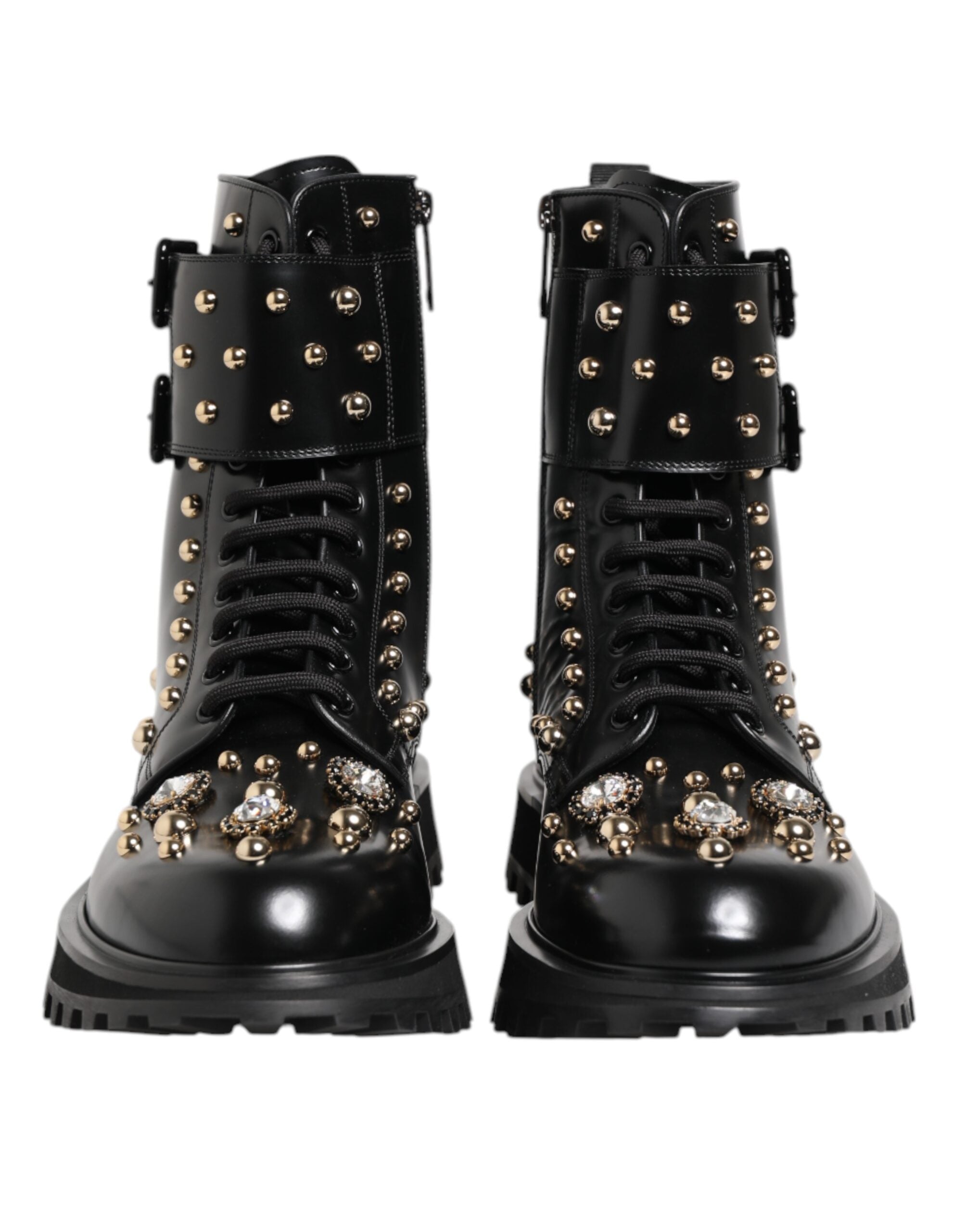 Dolce & Gabbana Black Studded Lace Up Mid Calf Boots Shoes LUNESCAPE