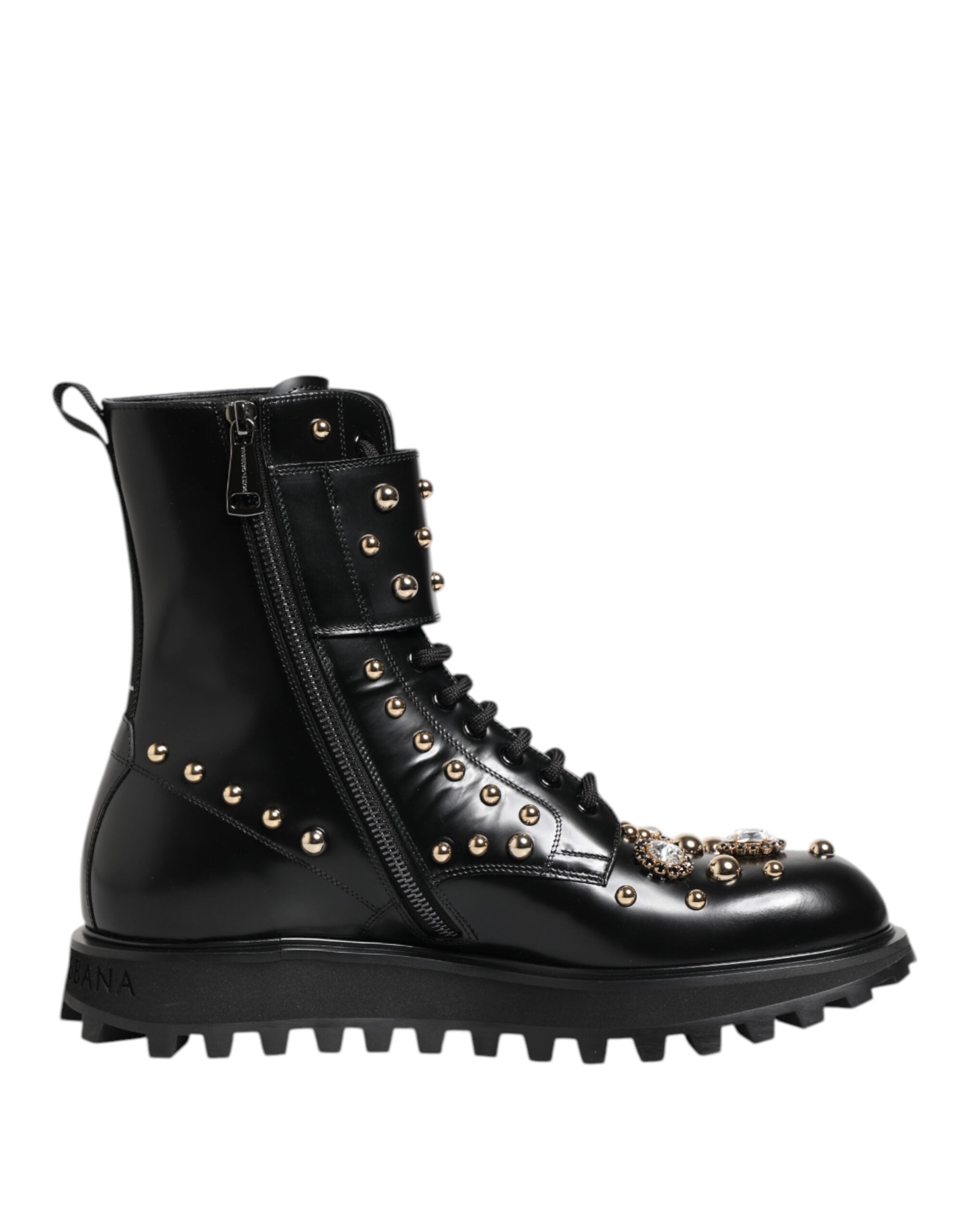 Dolce & Gabbana Black Studded Lace Up Mid Calf Boots Shoes LUNESCAPE