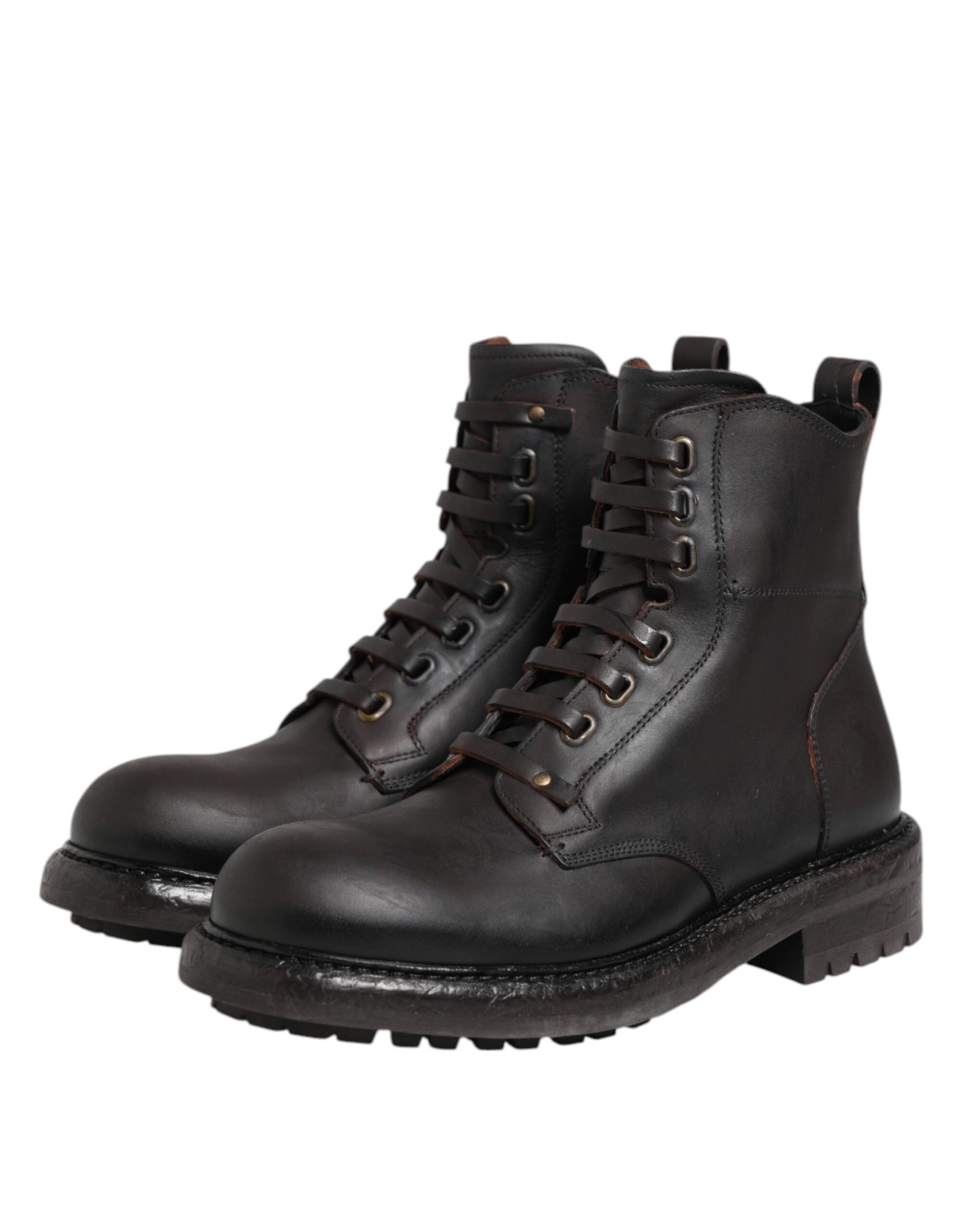 Dolce & Gabbana Dark Brown Leather Lace Up Mid Calf Boots Shoes LUNESCAPE