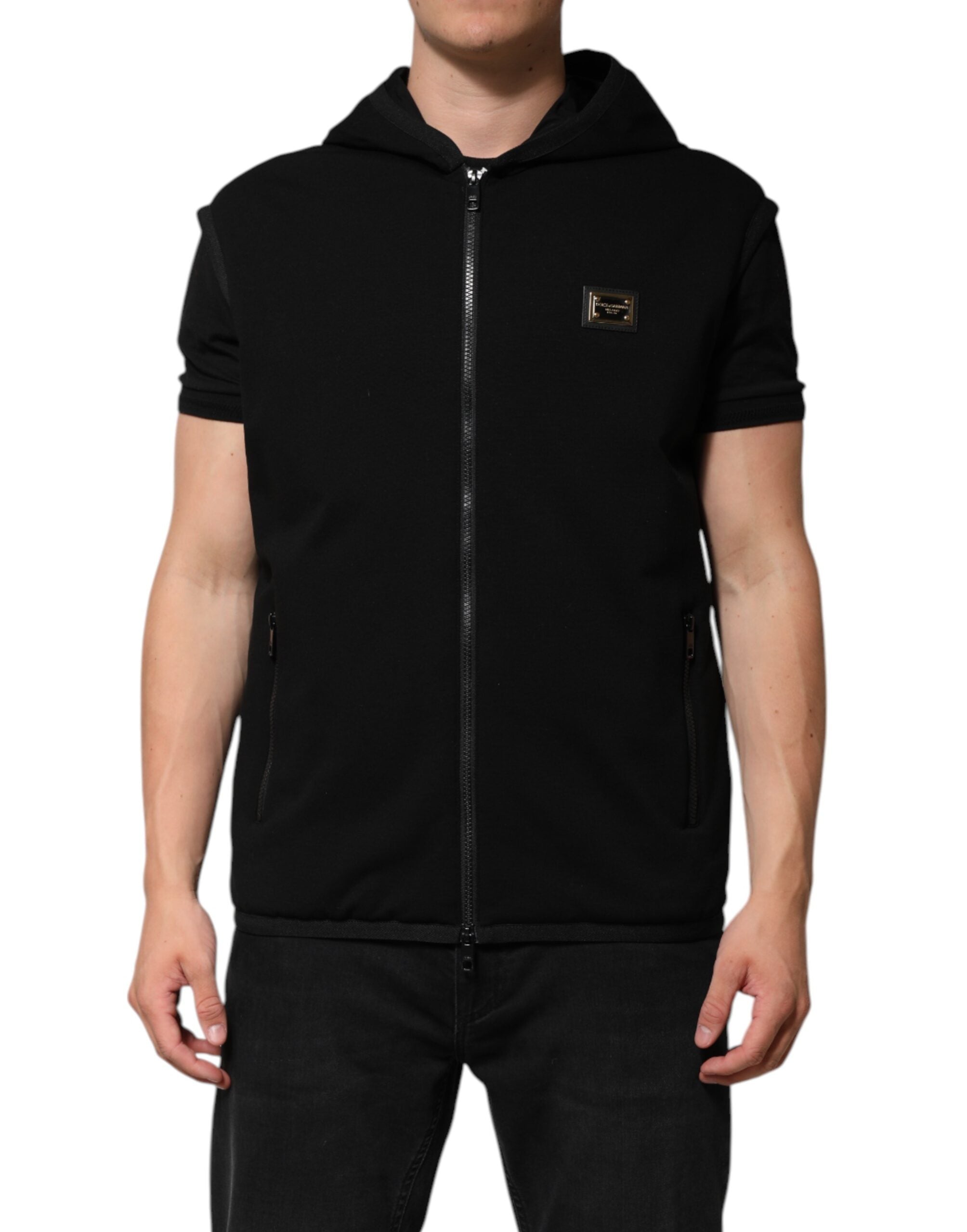 Dolce & Gabbana Black Sleeveless Hooded Logo Plaque Jacket LUNESCAPE