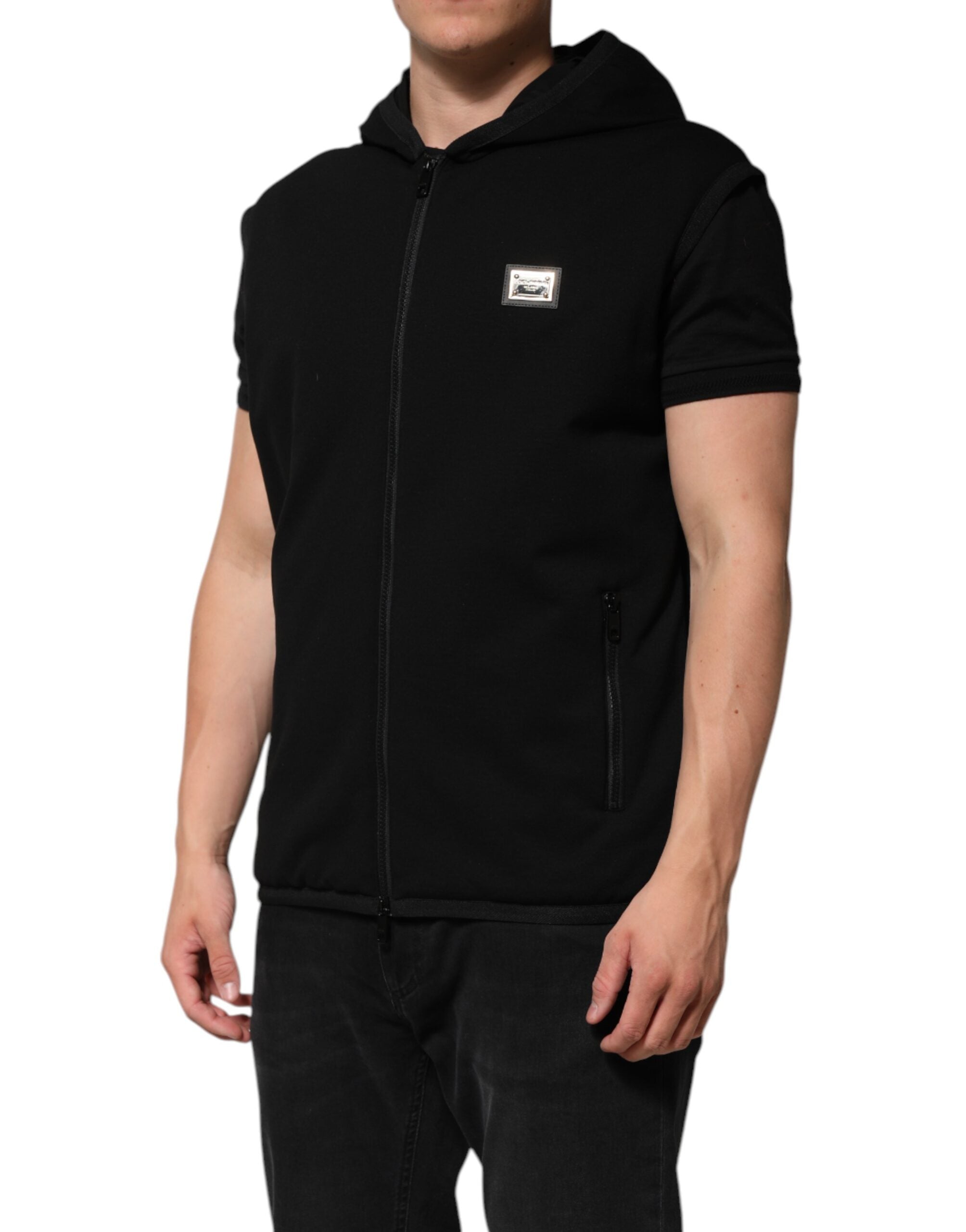 Dolce & Gabbana Black Sleeveless Hooded Logo Plaque Jacket LUNESCAPE
