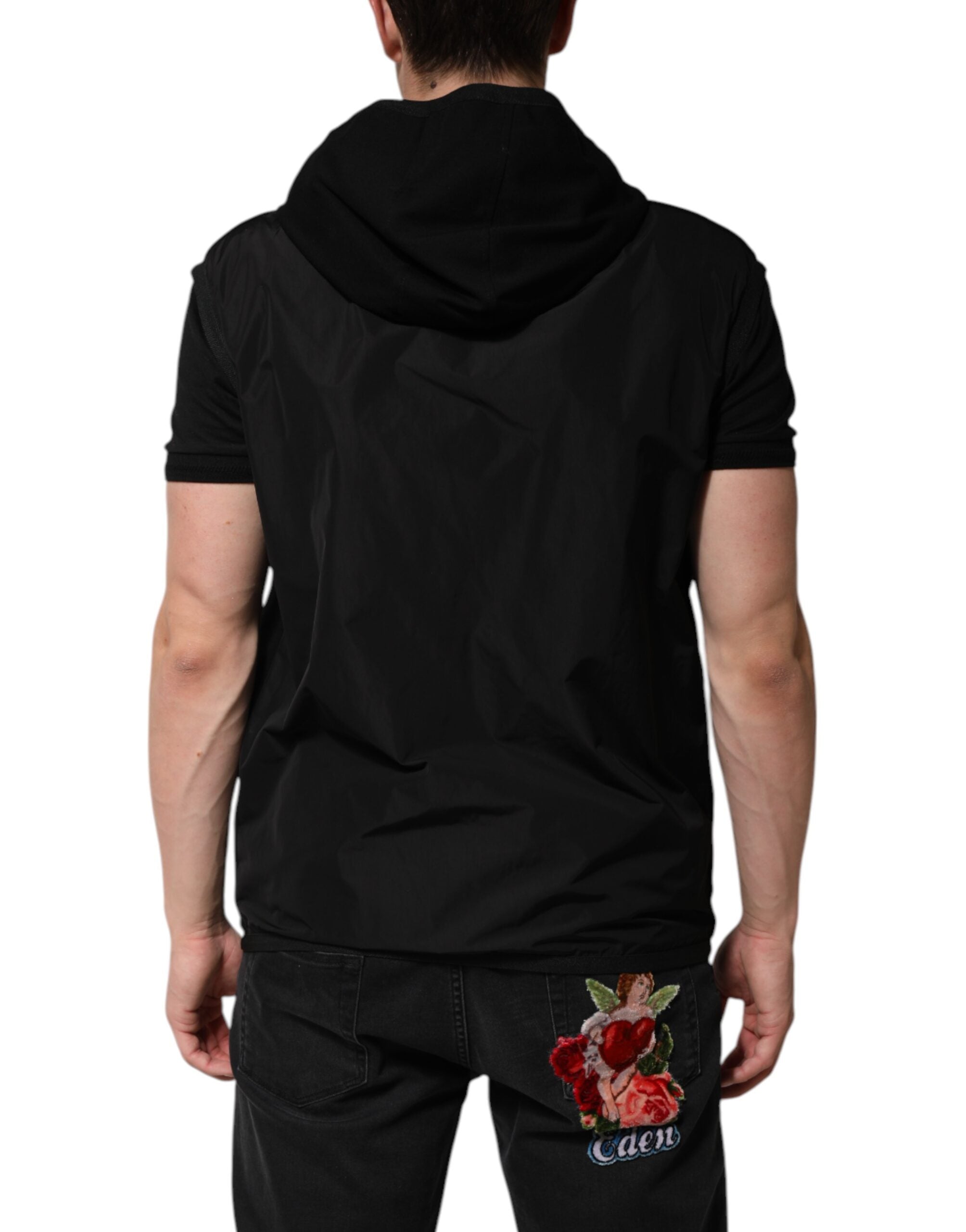 Dolce & Gabbana Black Sleeveless Hooded Logo Plaque Jacket LUNESCAPE