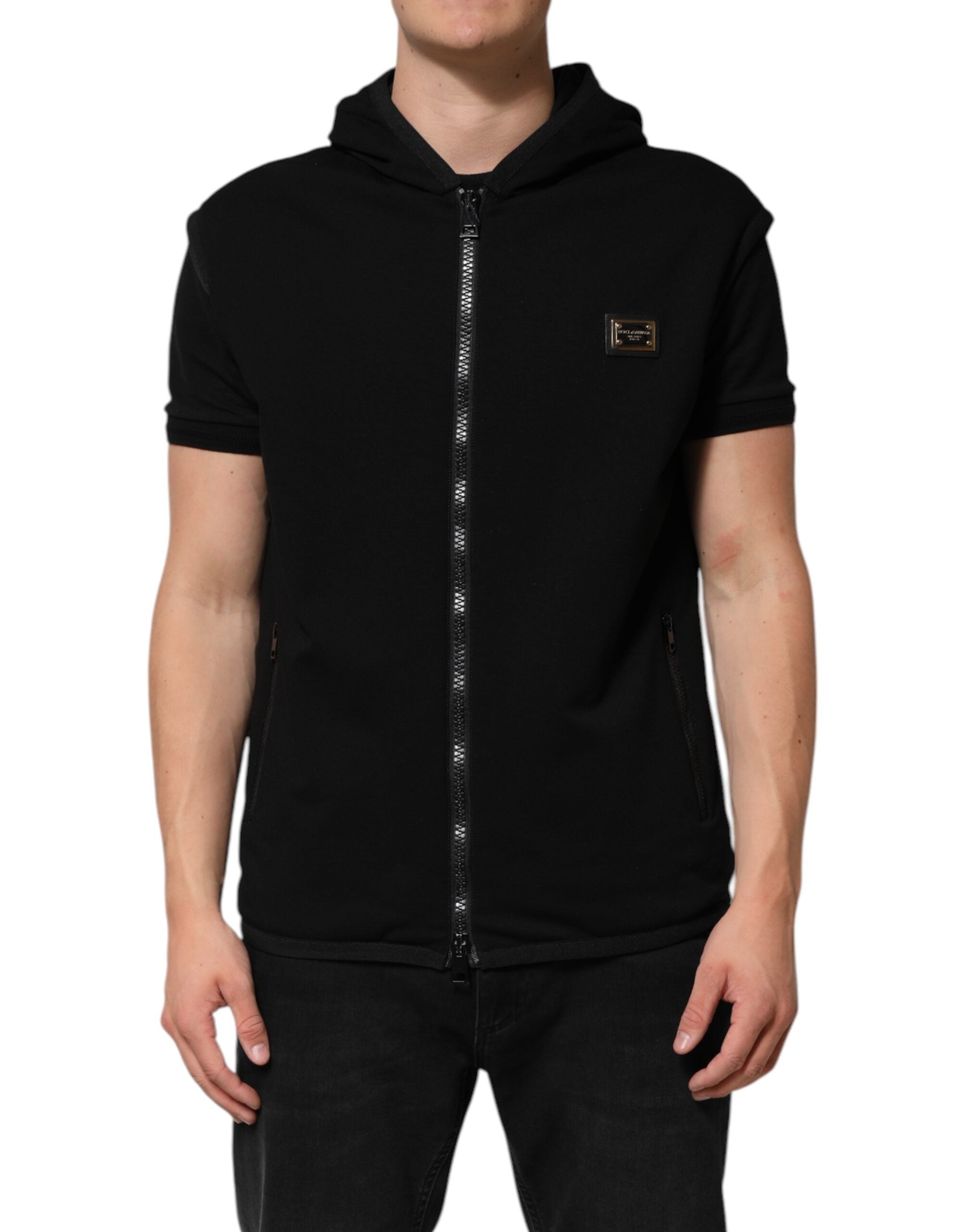 Dolce & Gabbana Black Sleeveless Hooded Logo Plaque Jacket LUNESCAPE