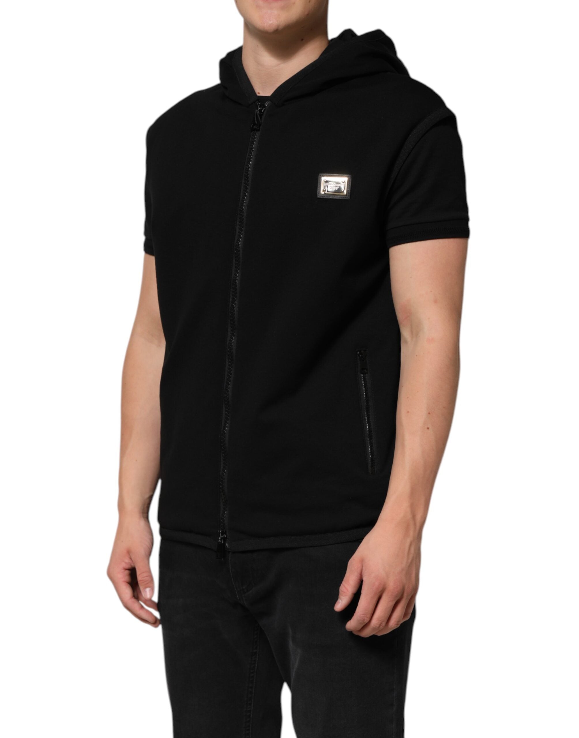 Dolce & Gabbana Black Sleeveless Hooded Logo Plaque Jacket LUNESCAPE