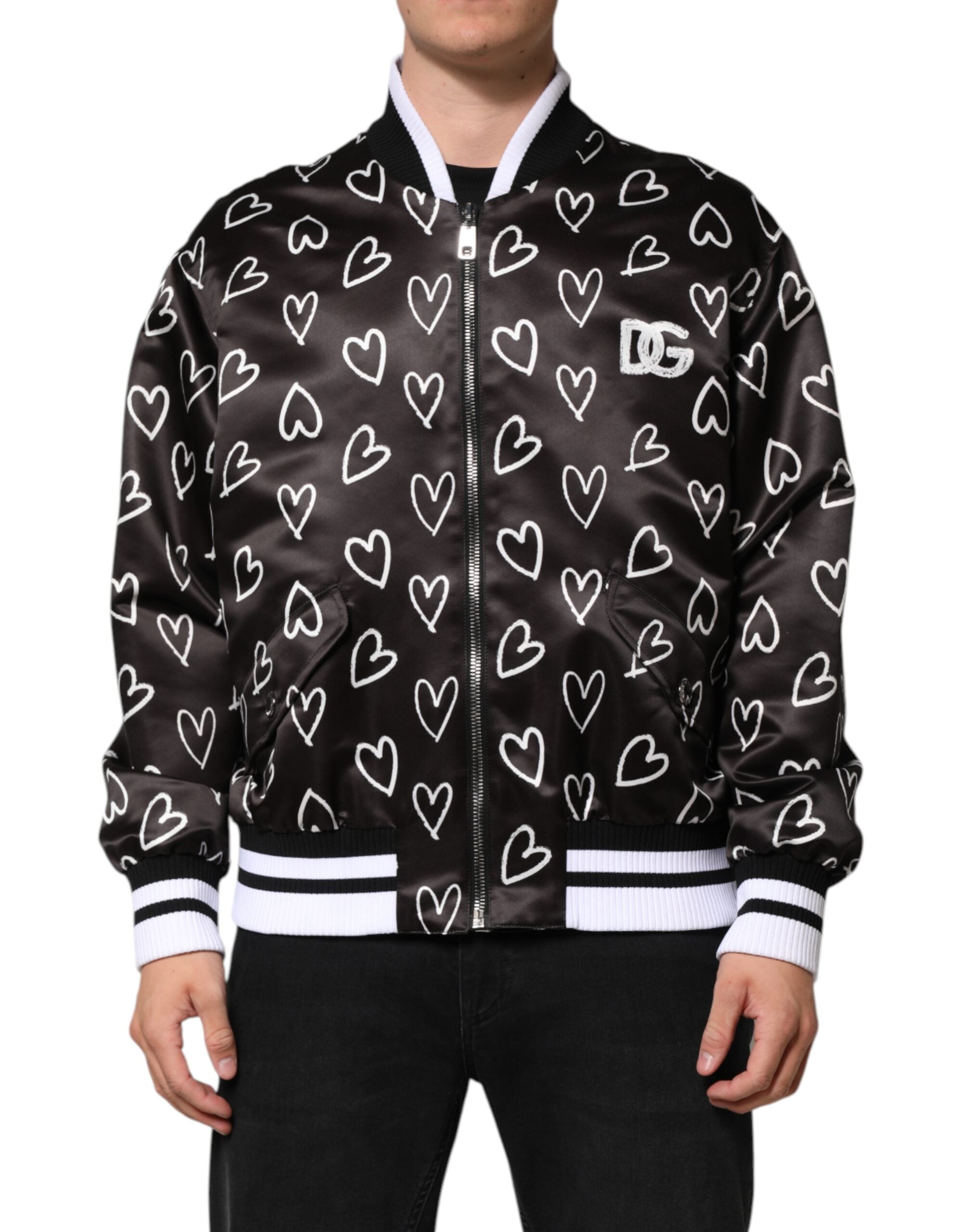 Dolce & Gabbana Black Polyester Heart Print Bomber Jacket LUNESCAPE