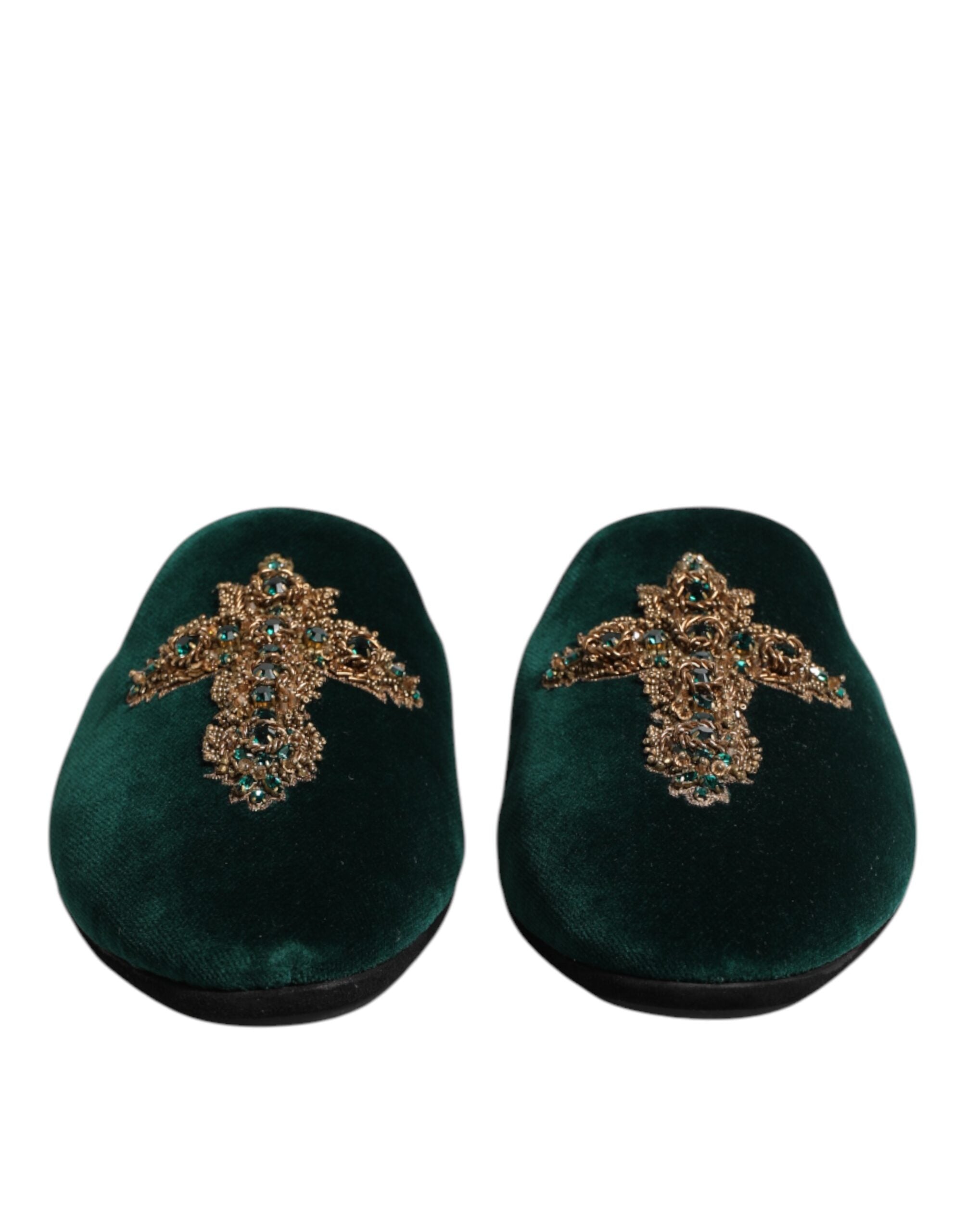 Dolce & Gabbana Green Velvet Cross Embellished Slipper