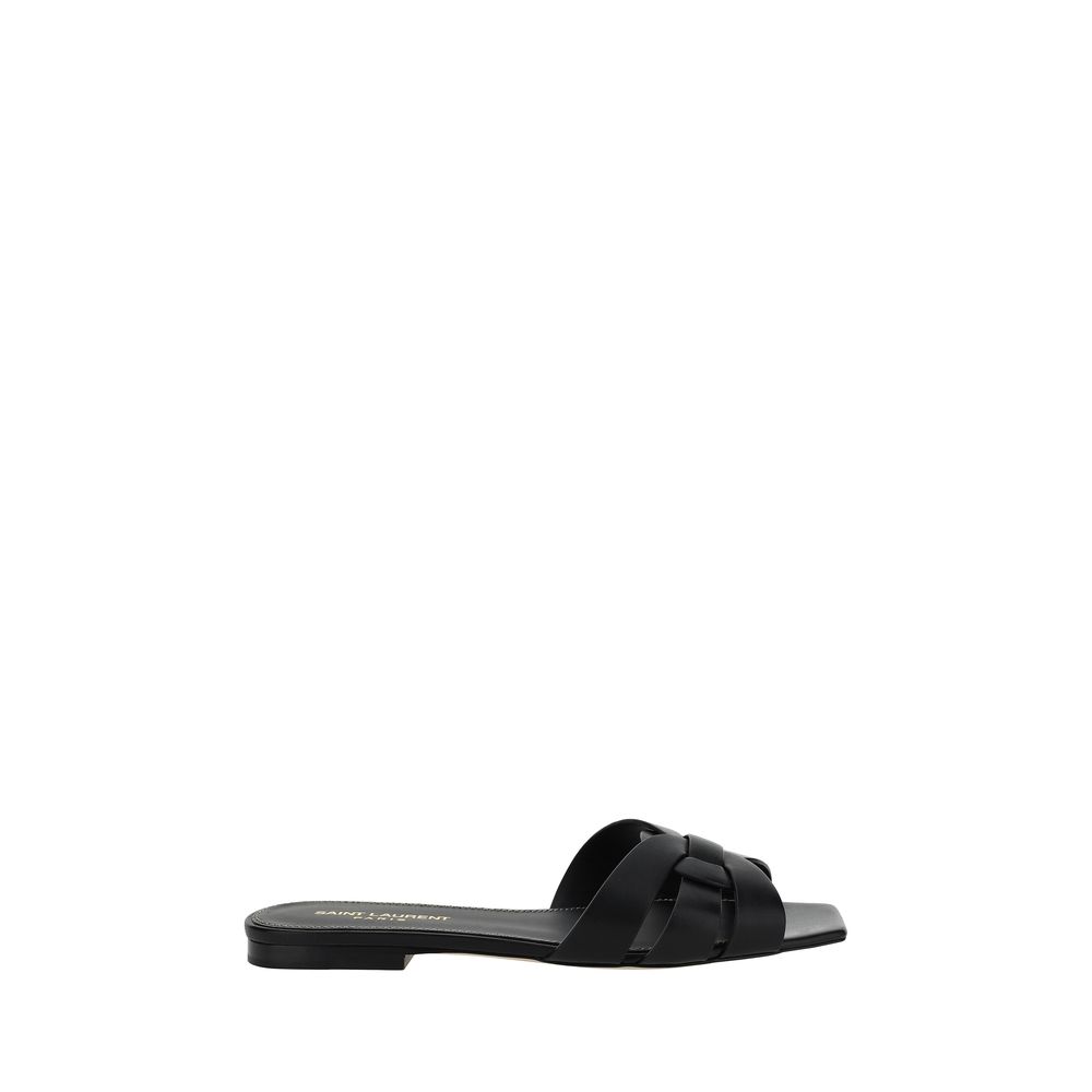 Saint Laurent Black Calf Leather Bos Taurus Flat Sandals LUNESCAPE